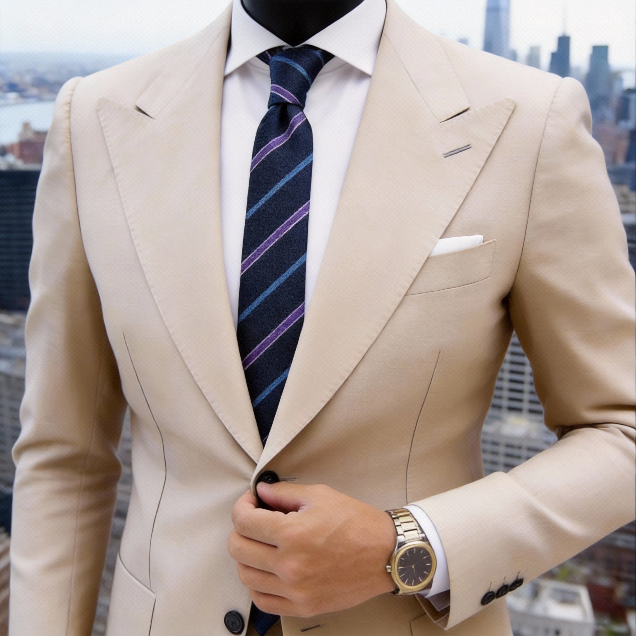 Navy Blue Necktie With Light Blue & Pink Stripes