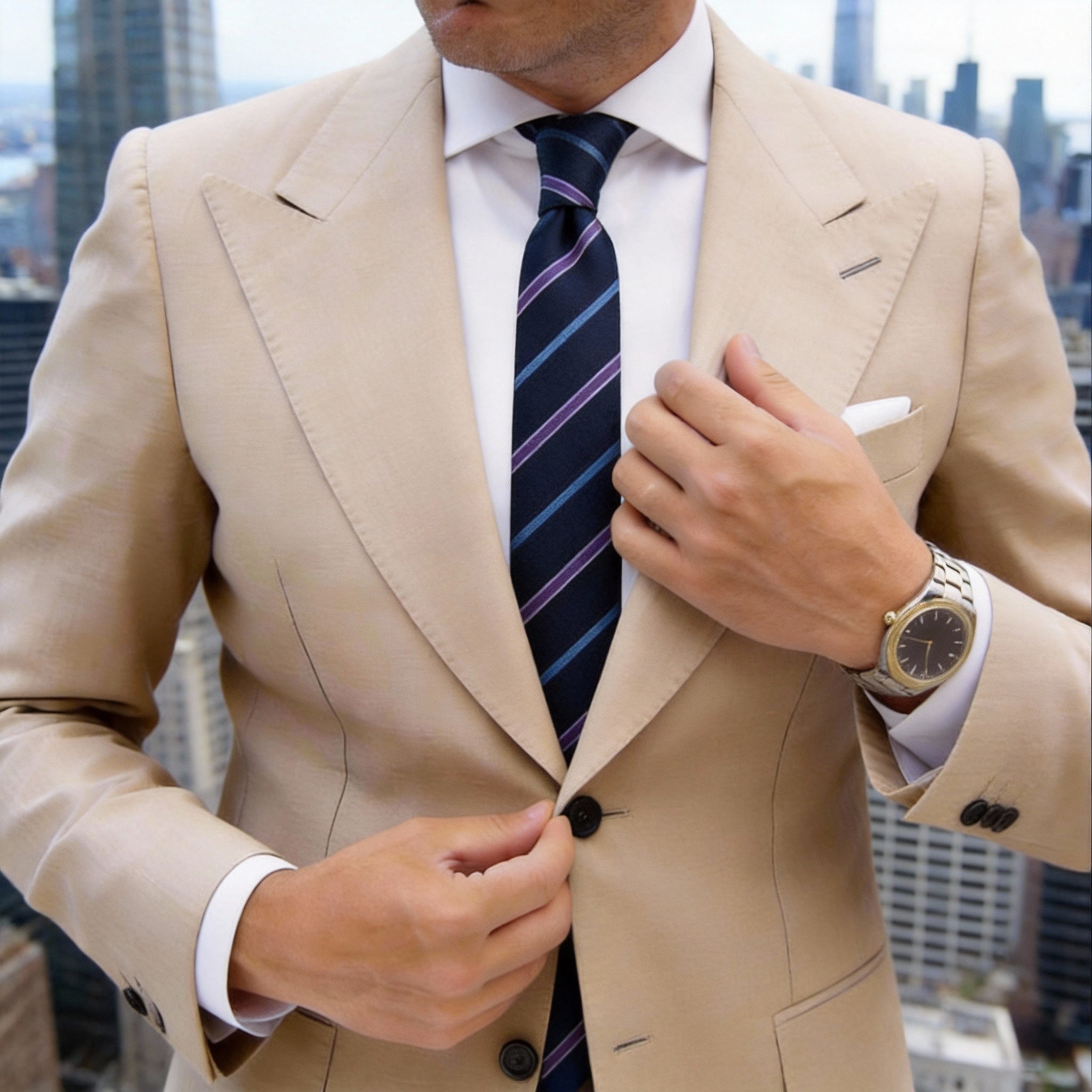 Navy Blue Necktie With Light Blue & Pink Stripes