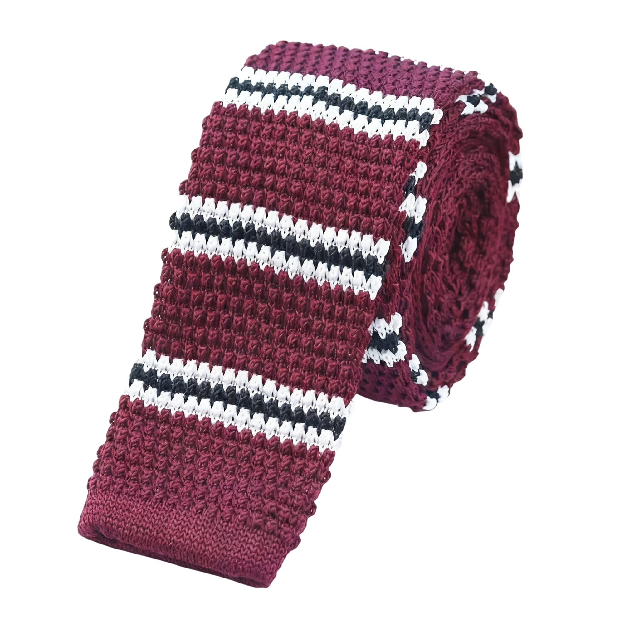 Burgundy White Black Striped Knitted Tie