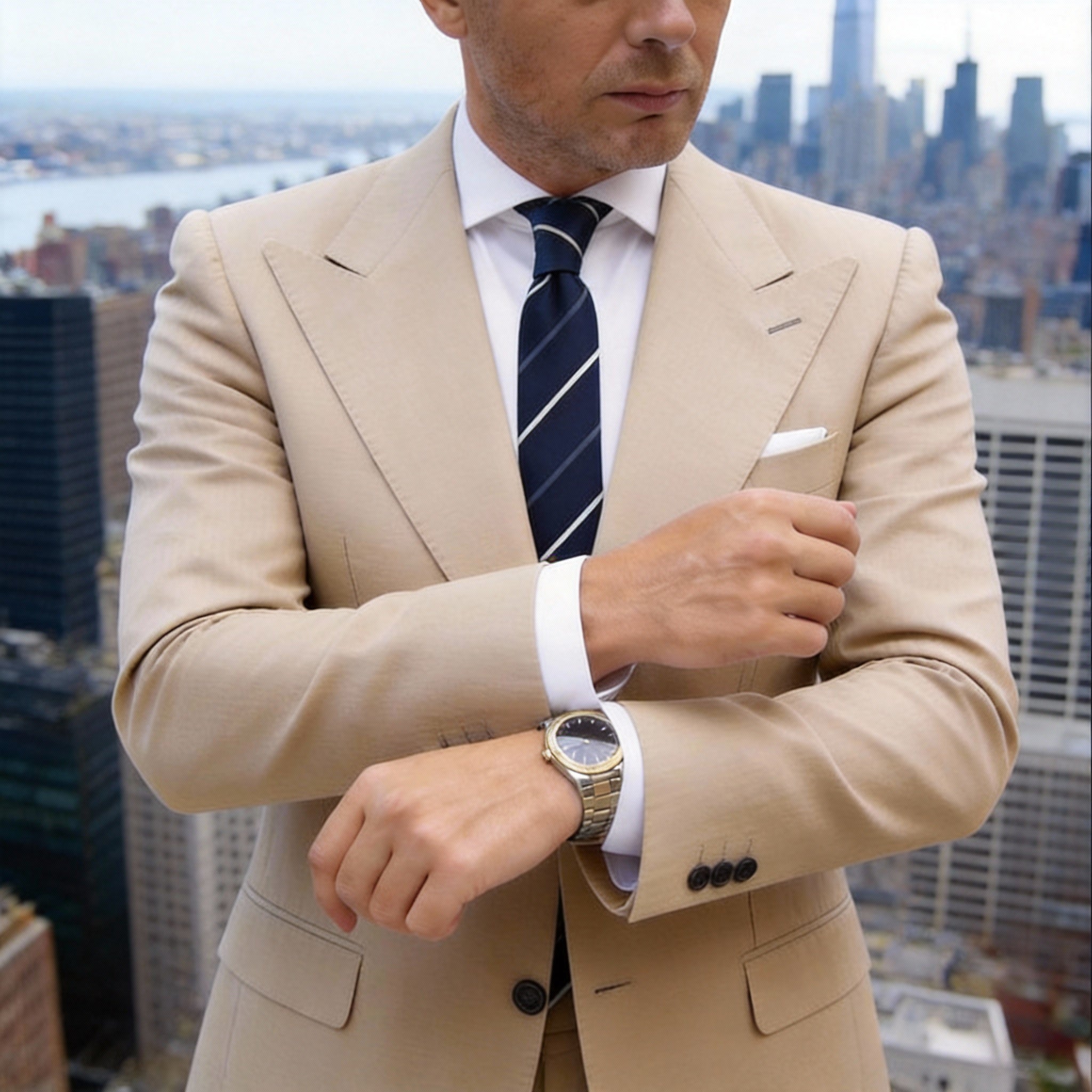 Navy Blue With White Light Gray Stripes Necktie