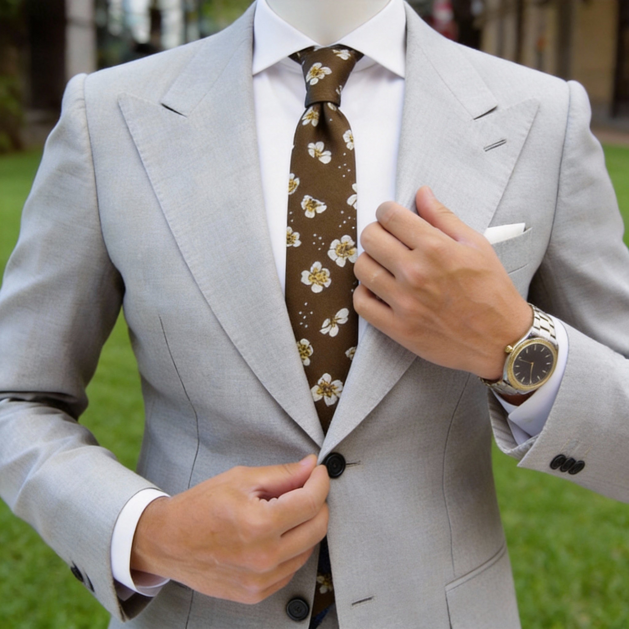 Brown with White Yellow Floral Necktie