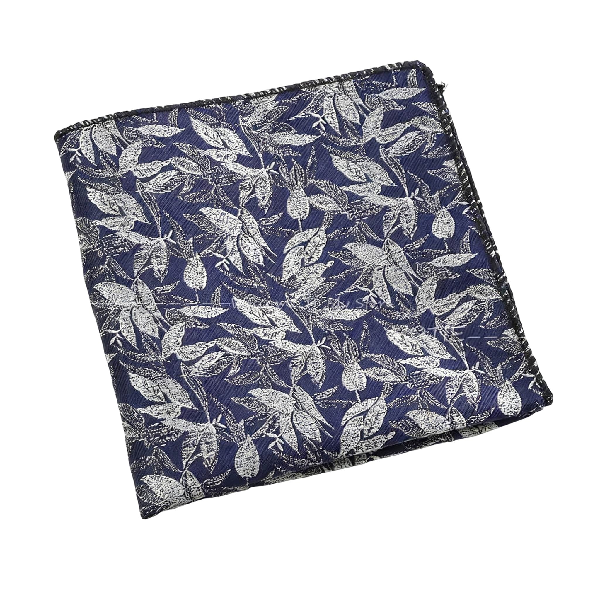 Navy Blue Silver Leaf Pocket Square