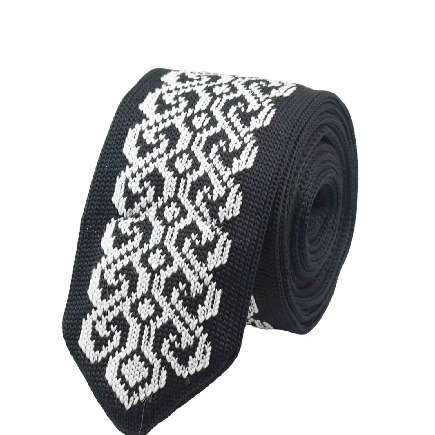 Black With White Geometric Interlocking Necktie