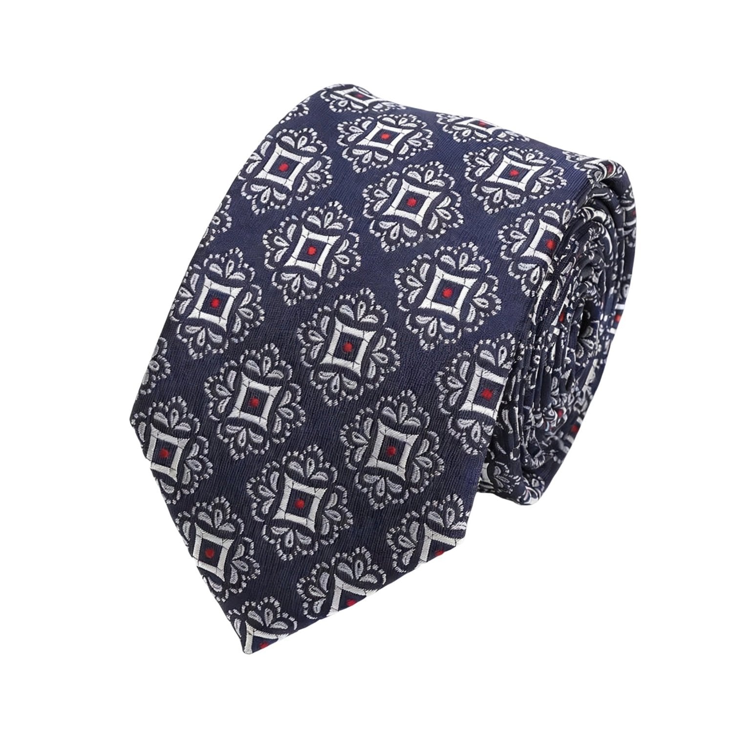 Navy Blue Necktie With White Red Square