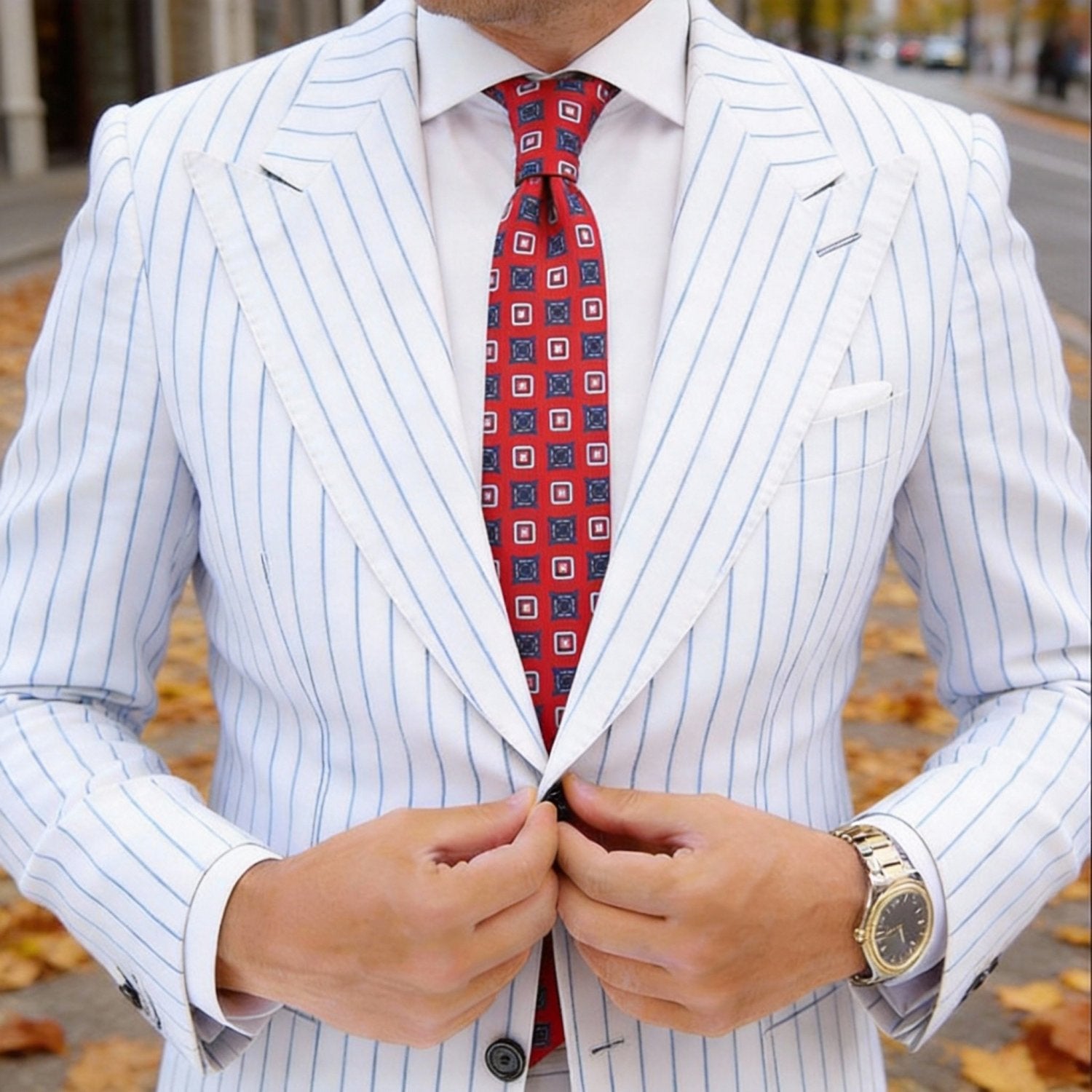 Red Necktie with White Geometric Patterns