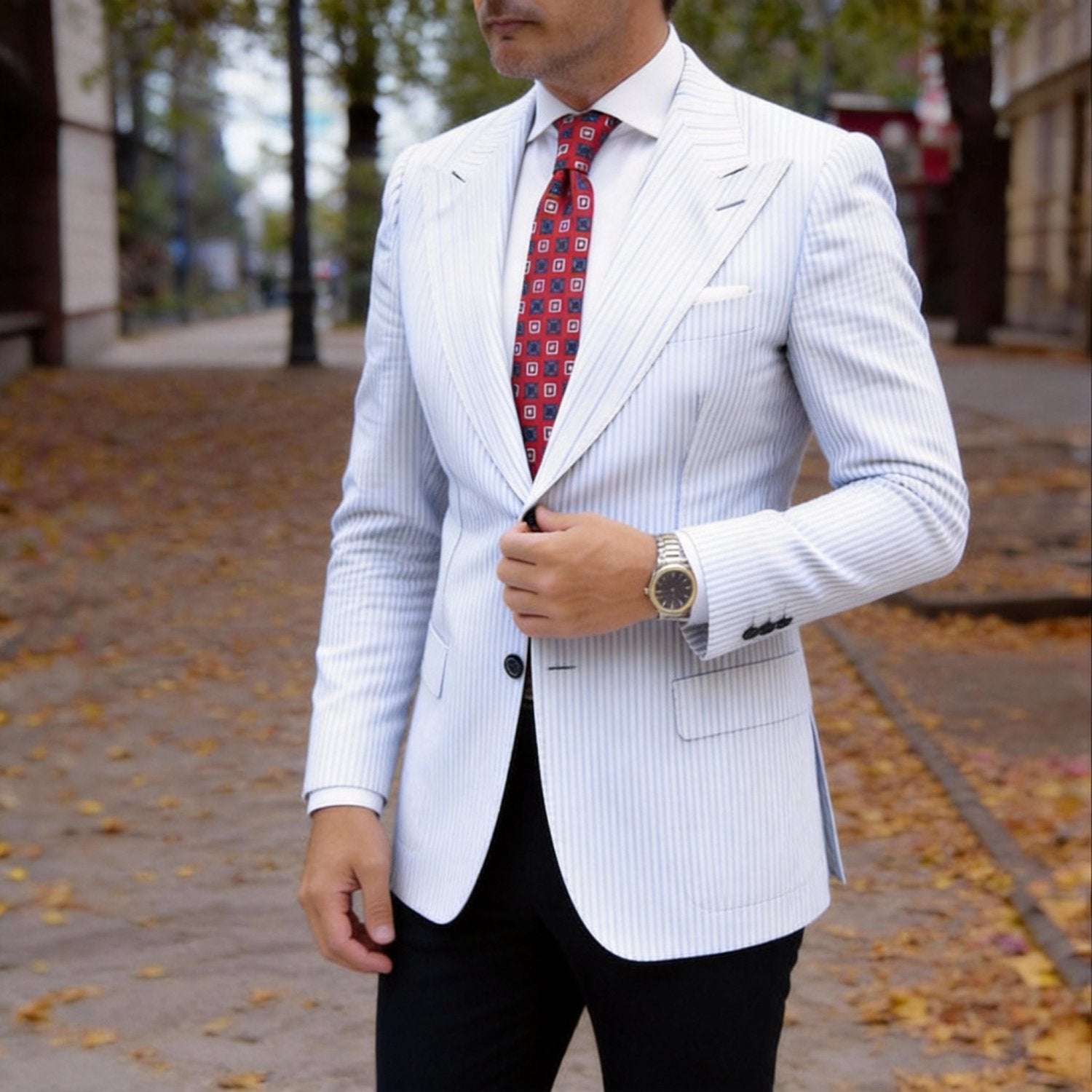 Red Necktie with White Geometric Patterns