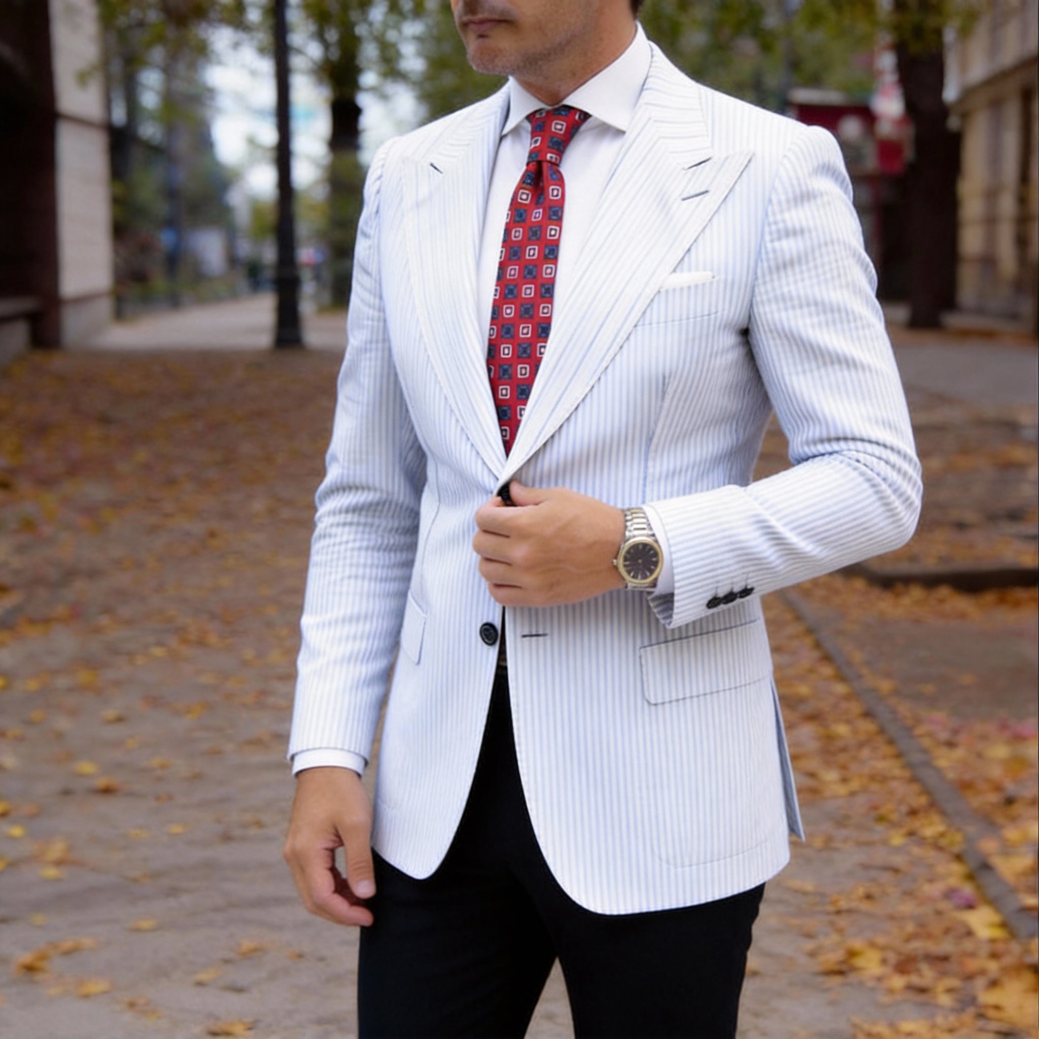 Red Necktie with White Geometric Patterns