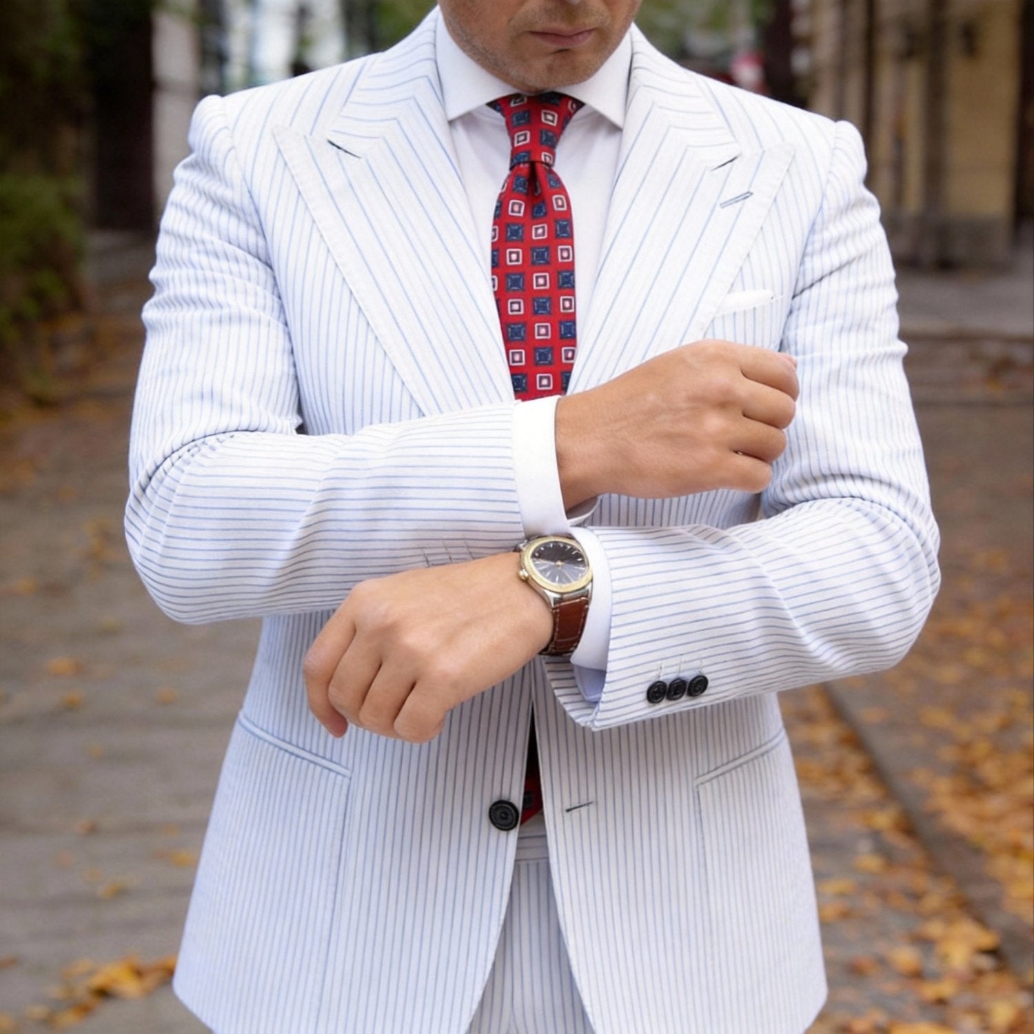 Red Necktie with White Geometric Patterns