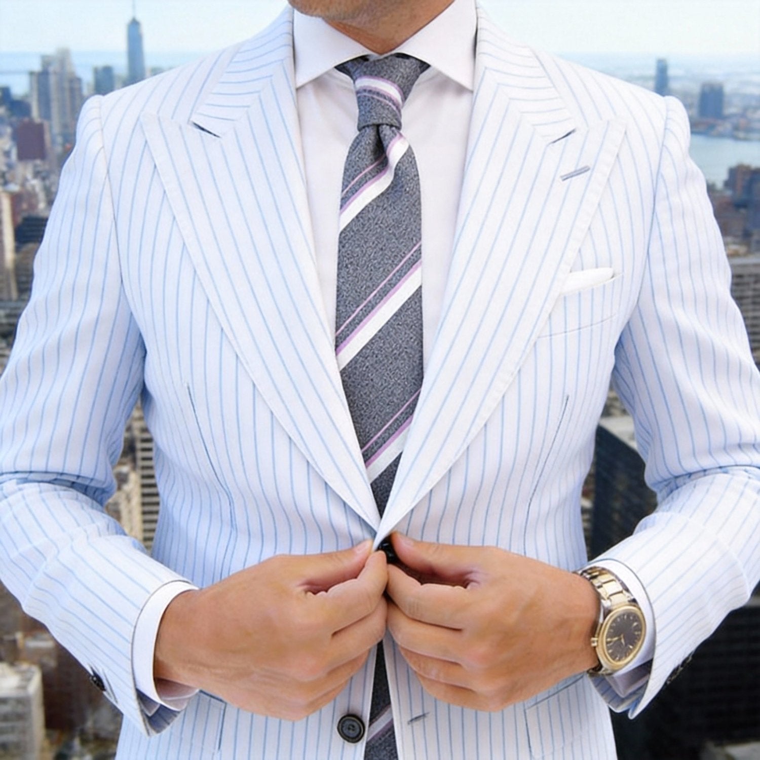 Gray With White Striped Necktie
