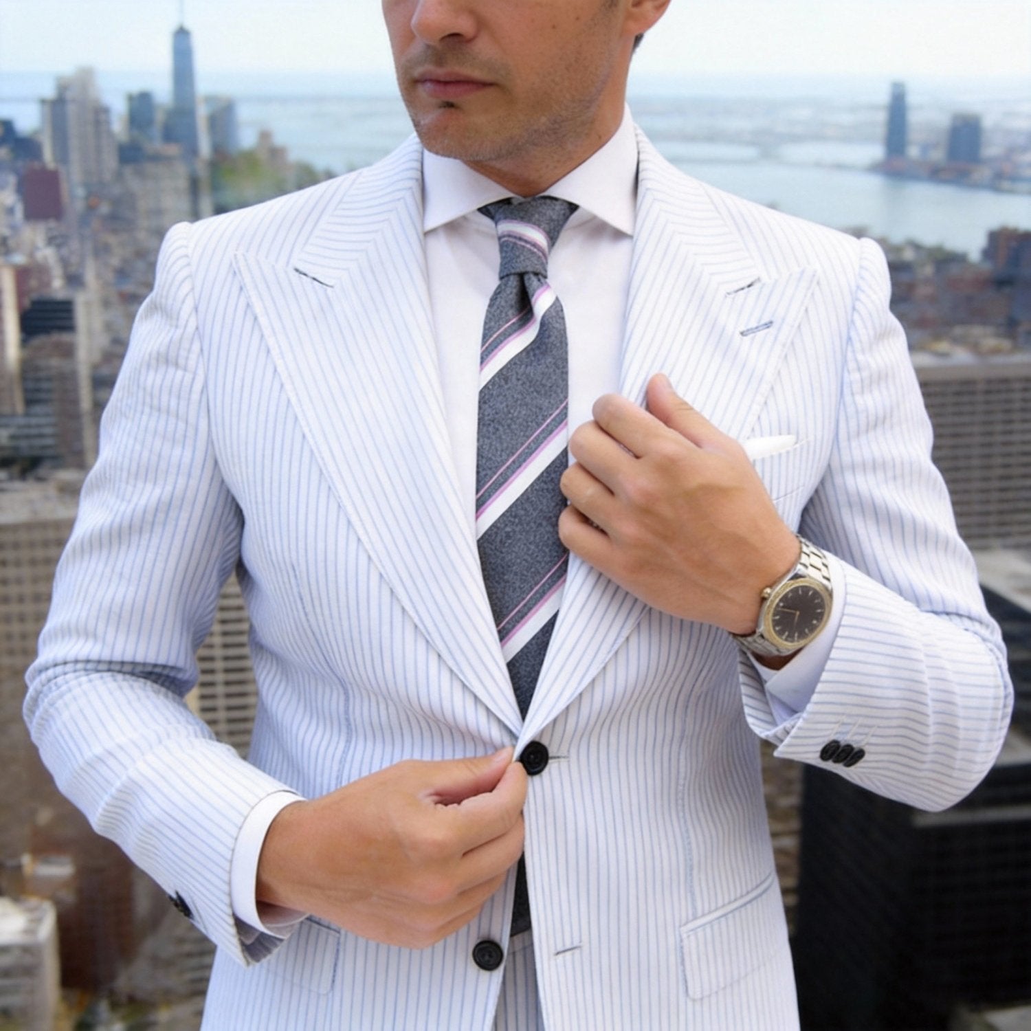 Gray With White Striped Necktie