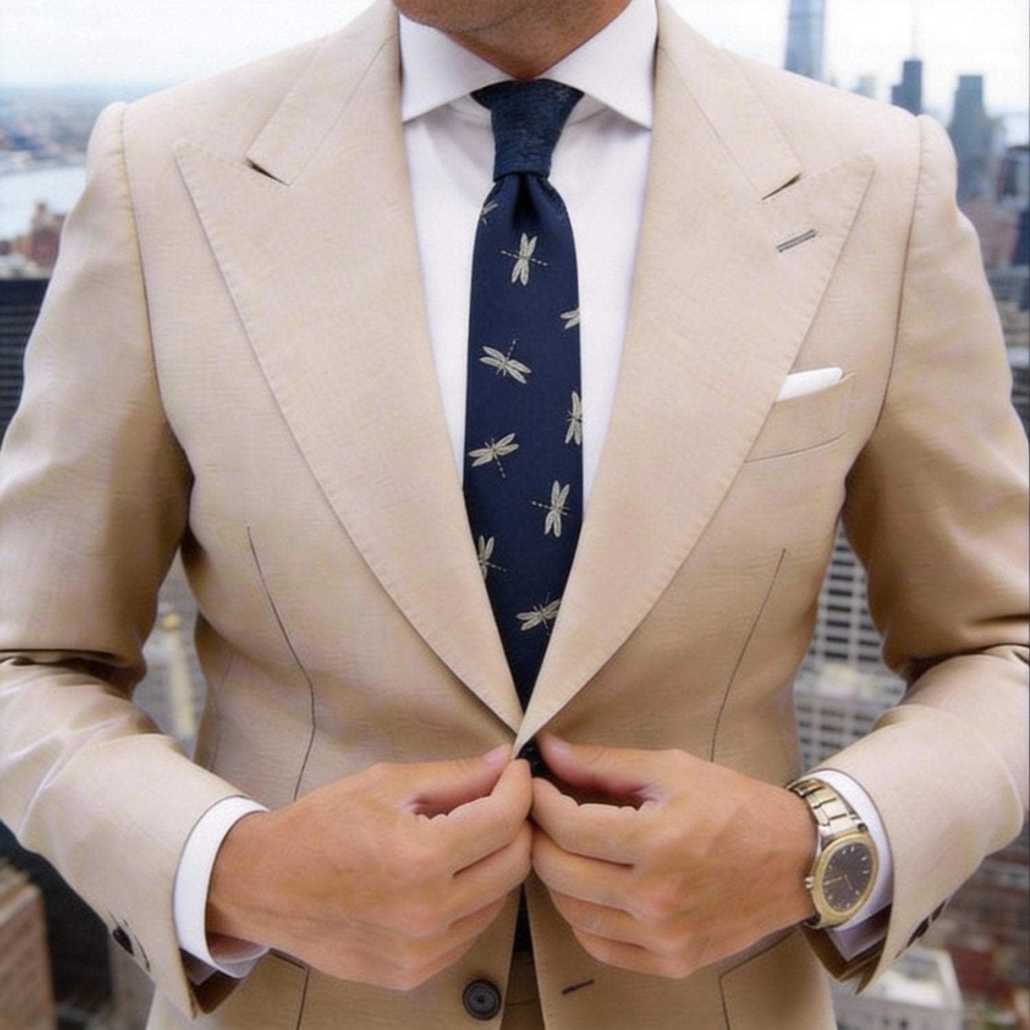 Navy Blue With Light Green Dragonfly Necktie