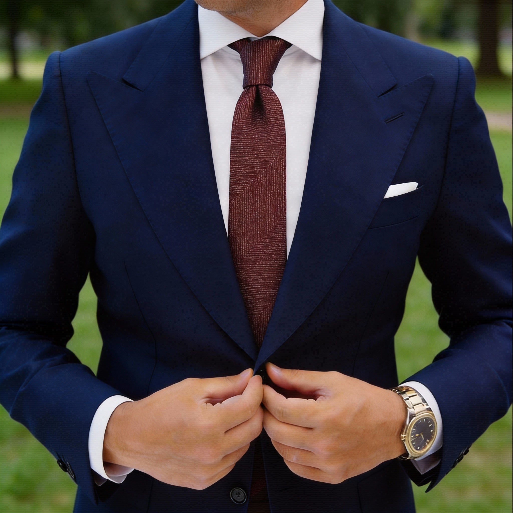 Burgundy With Golden Herringbone Necktie
