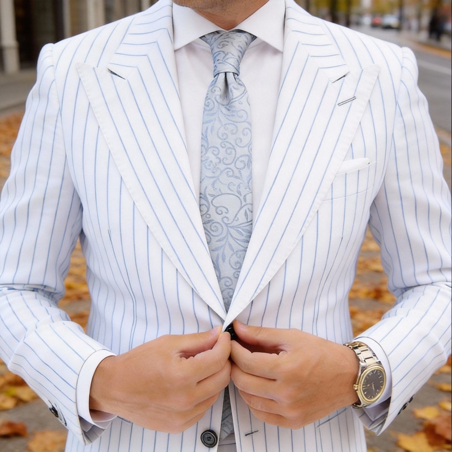 White with Light Gray Floral Scroll Necktie