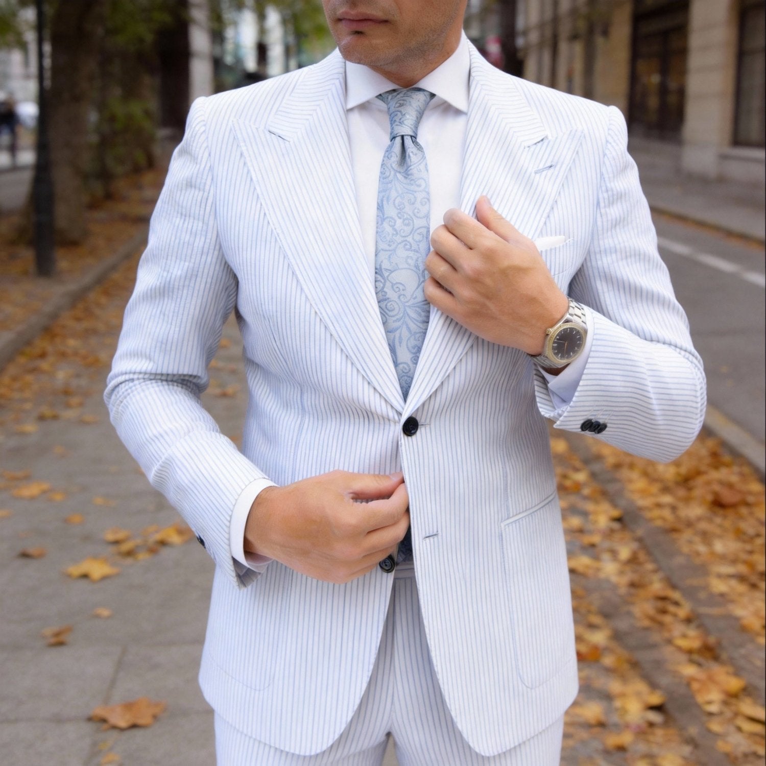 White with Light Gray Floral Scroll Necktie