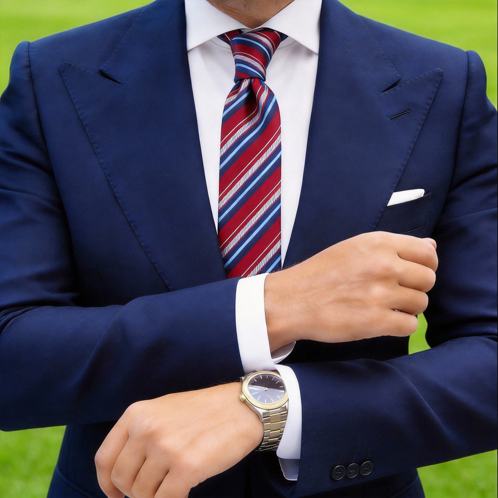 Red With Blue-White Striped Necktie