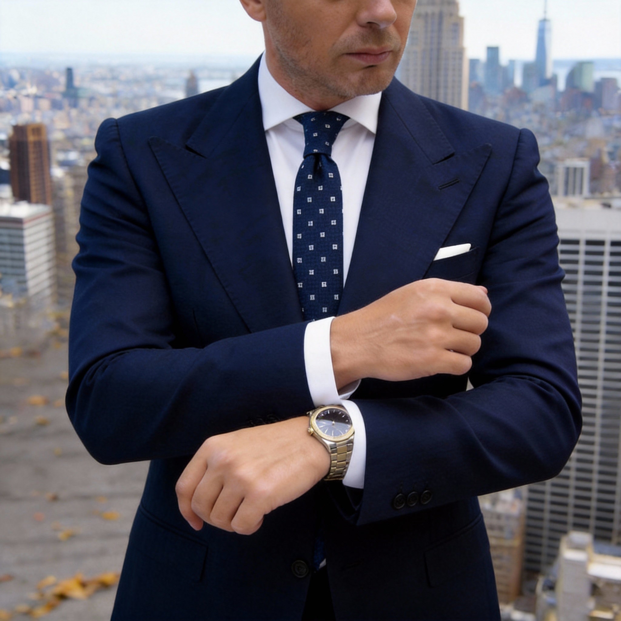 Navy With White Square Necktie