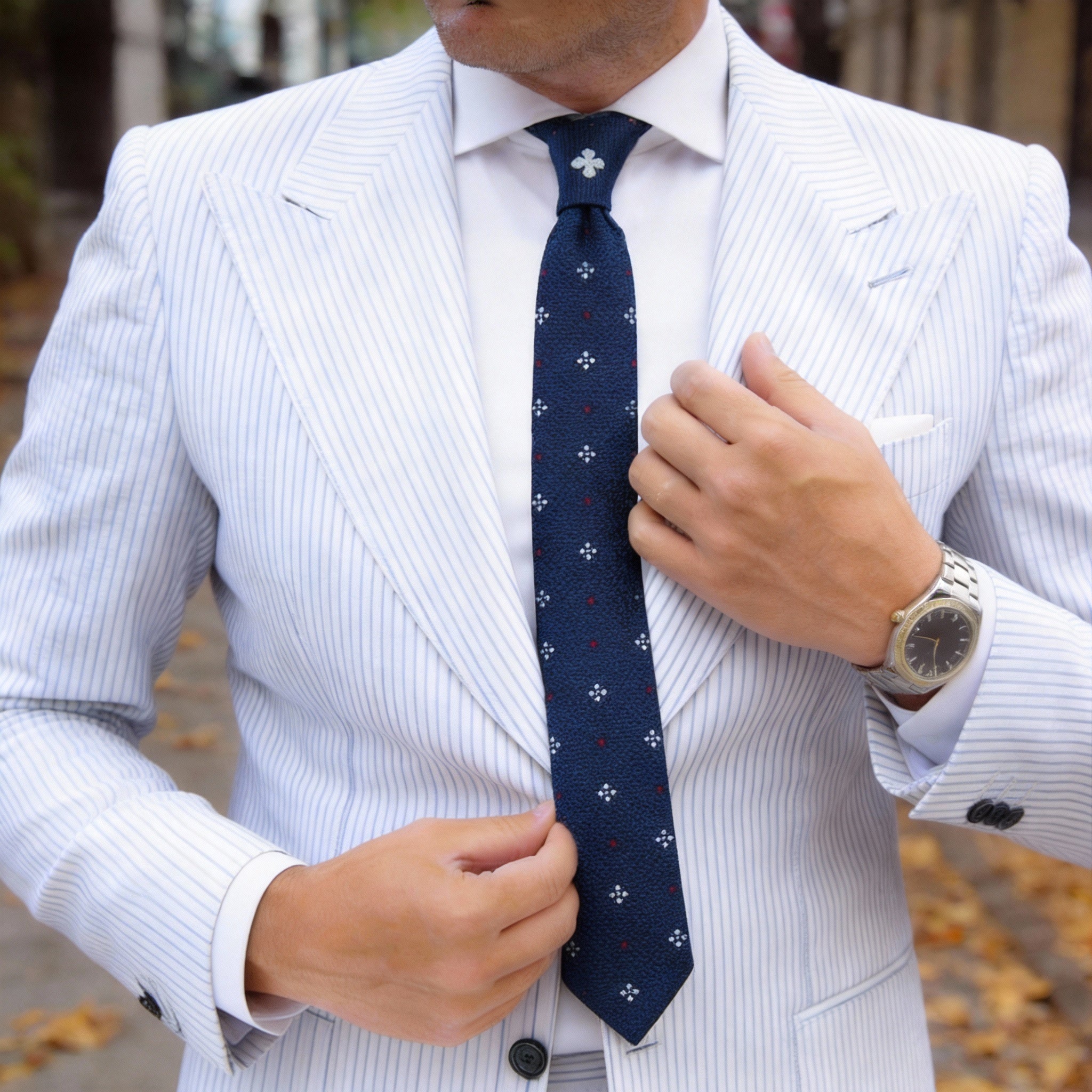 Navy Blue Necktie With White Red Dots