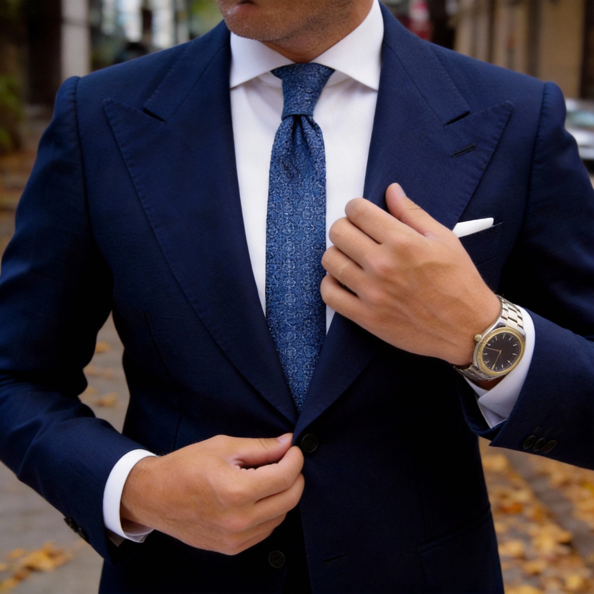 Blue With White Geometric Floral Necktie