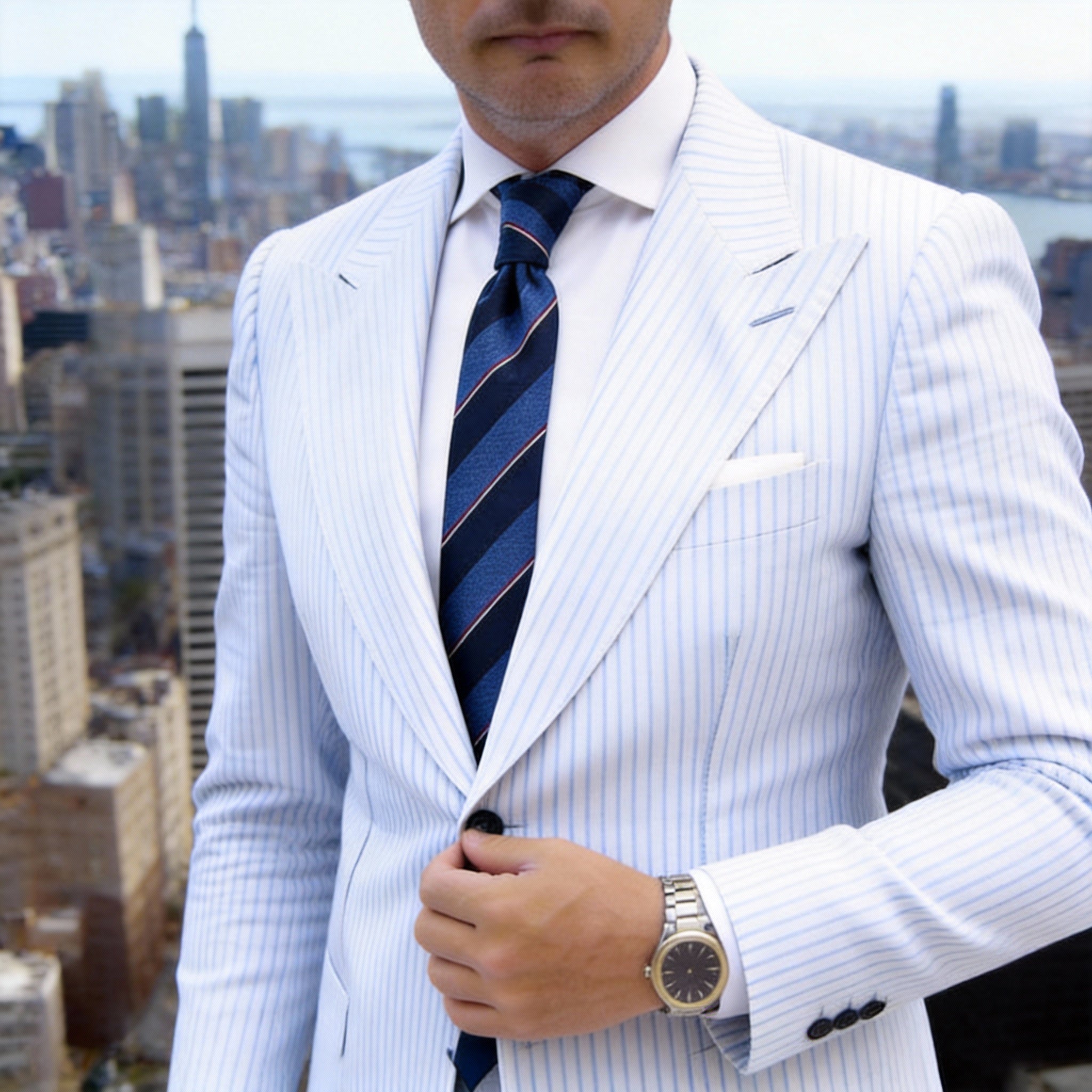 Blue With Red And White Striped Necktie