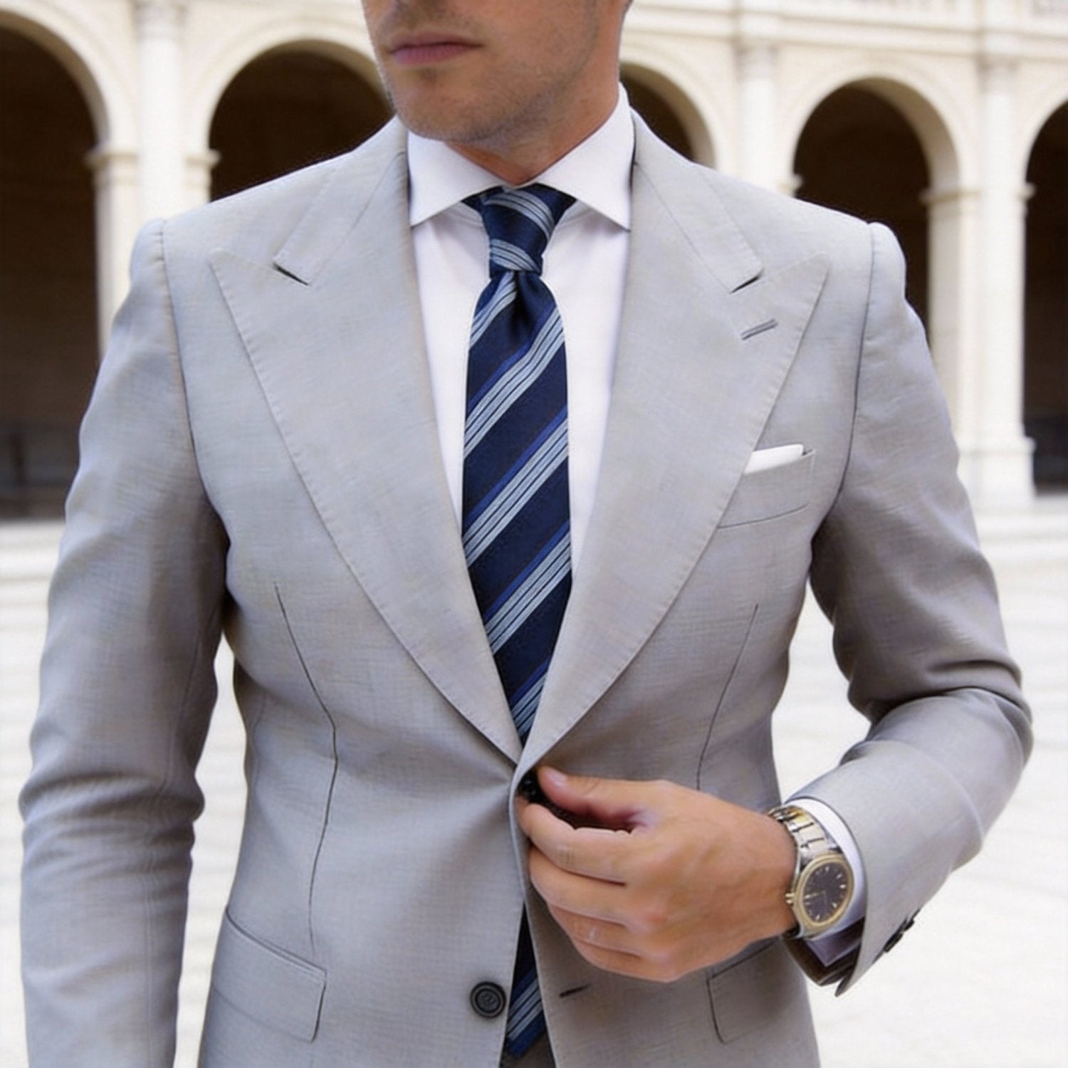 Navy Blue With Light Blue White Striped Necktie