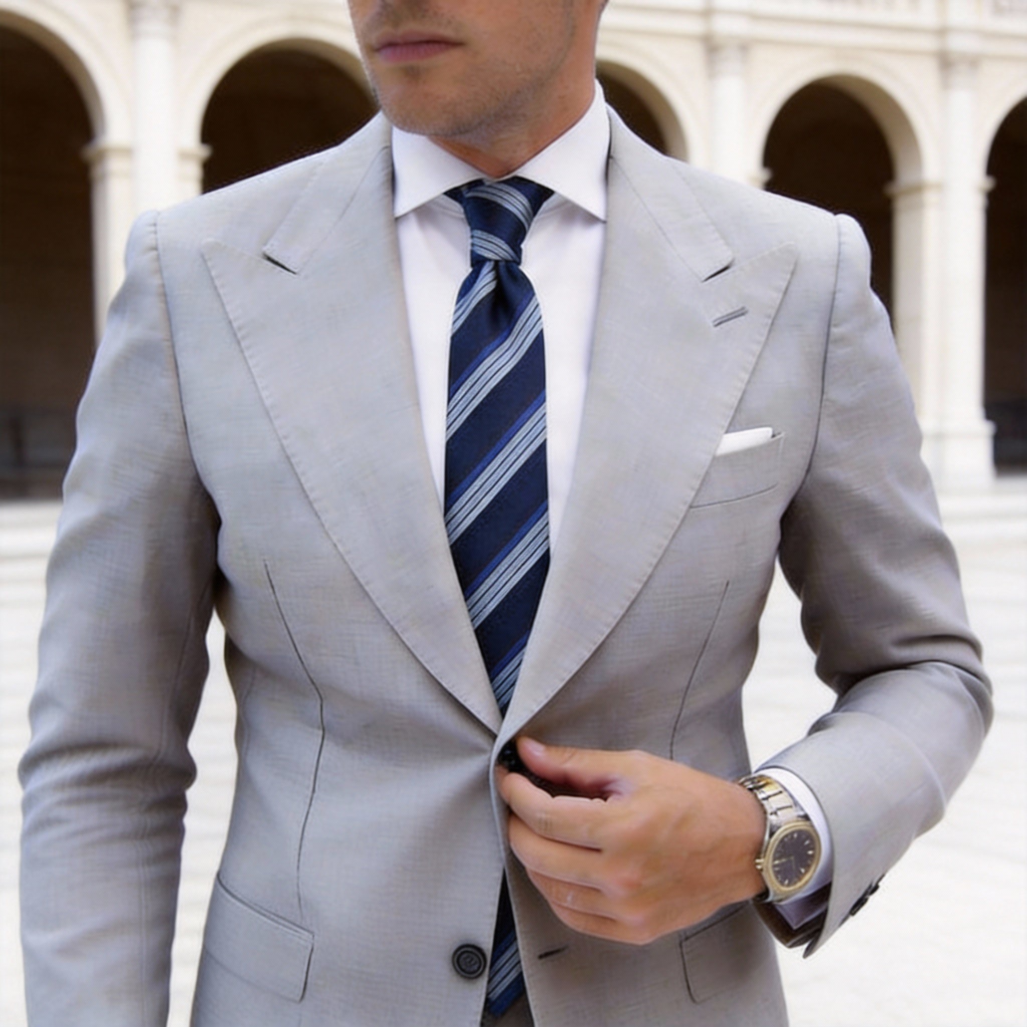 Navy Blue With Light Blue White Striped Necktie