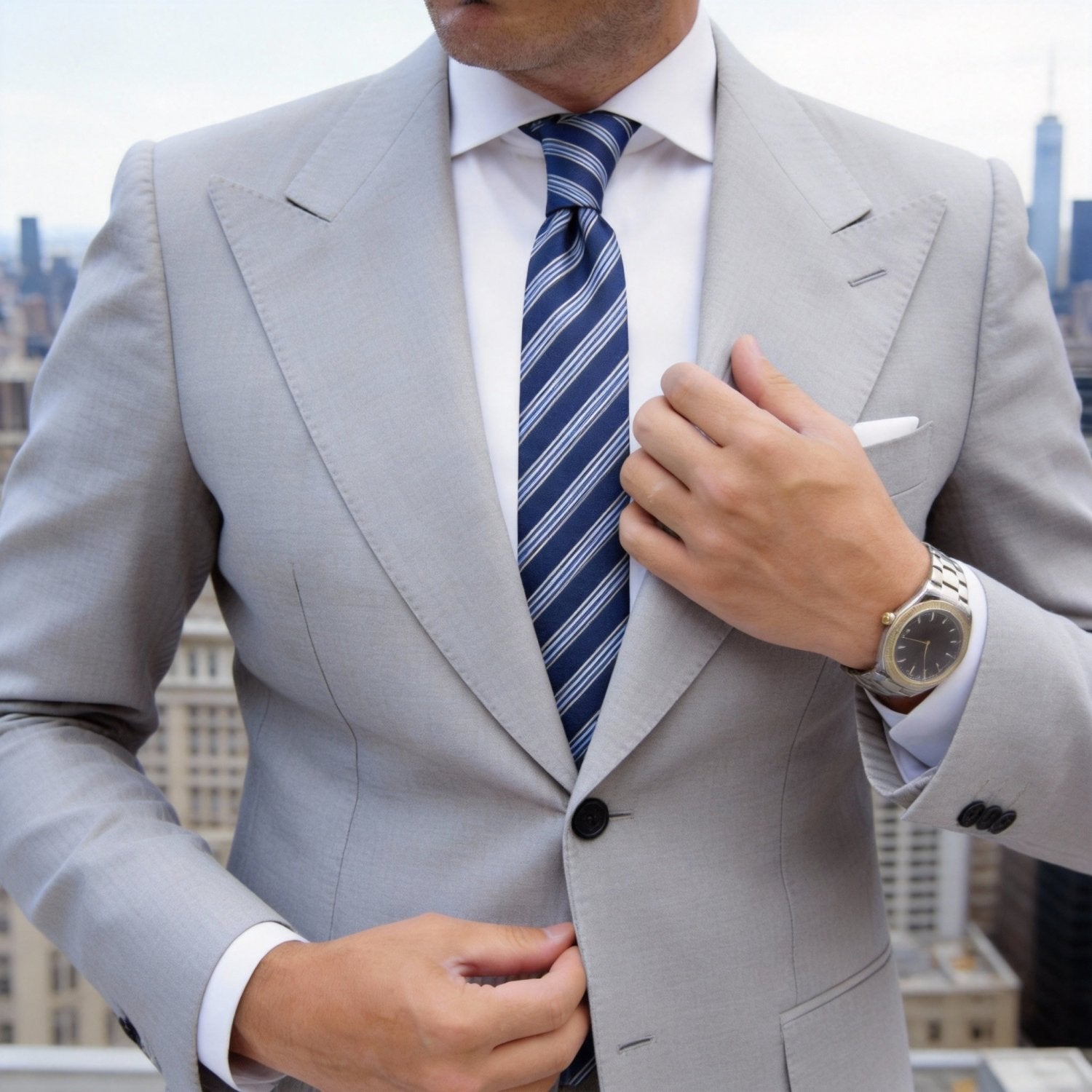 Blue With White Gray Light Blue Striped Necktie