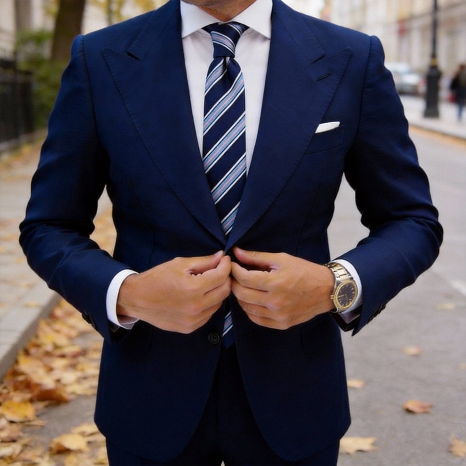 Navy With Light Blue, Pink And White Striped Necktie
