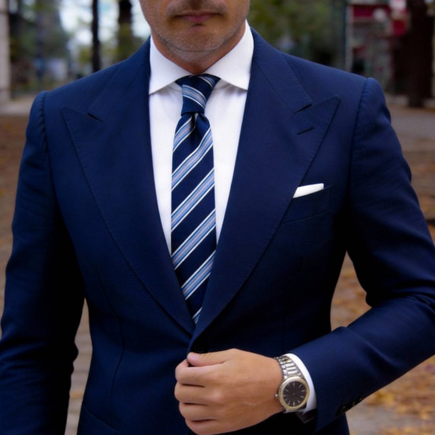 Navy With Light Blue, Pink And White Striped Necktie