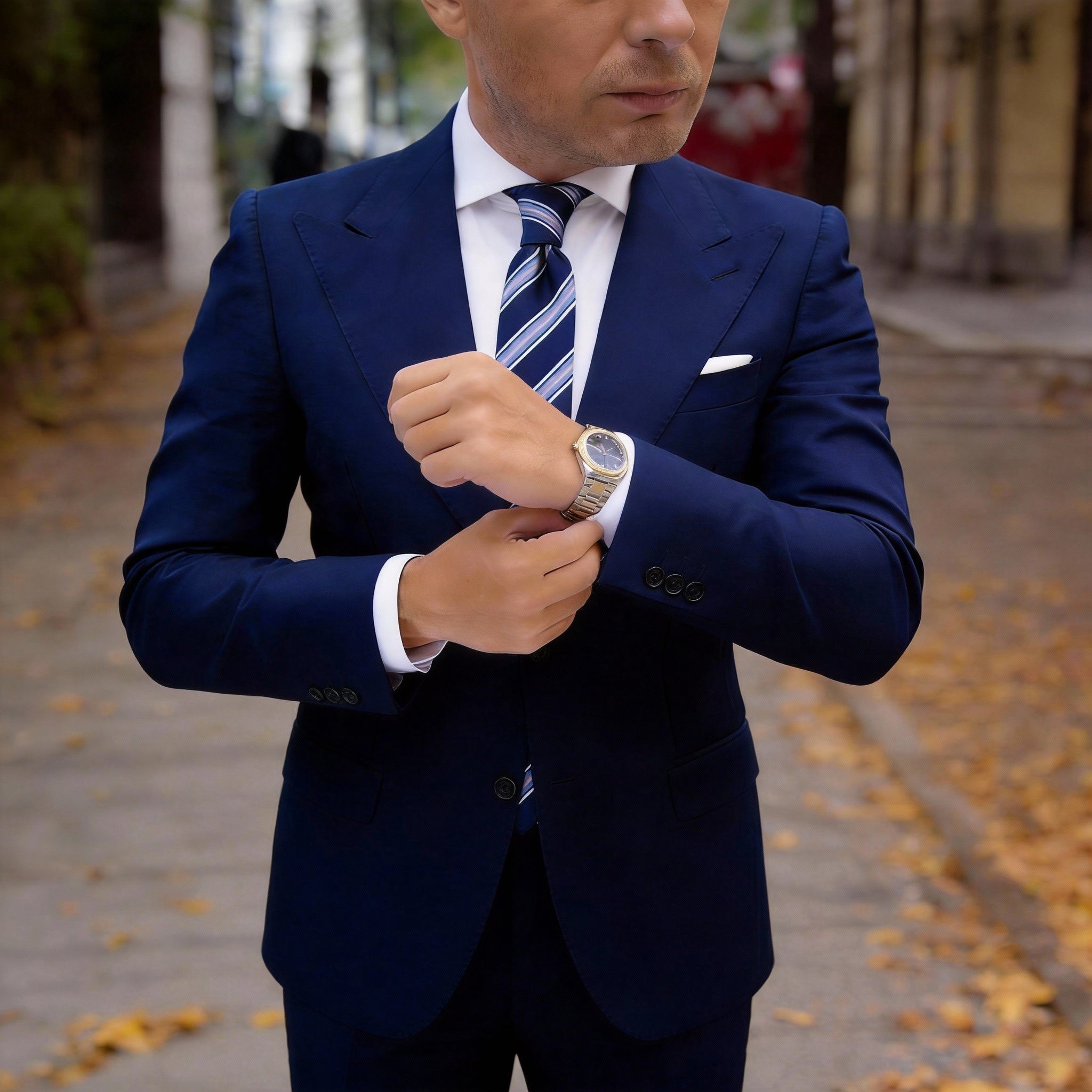 Navy With Light Blue, Pink And White Striped Necktie