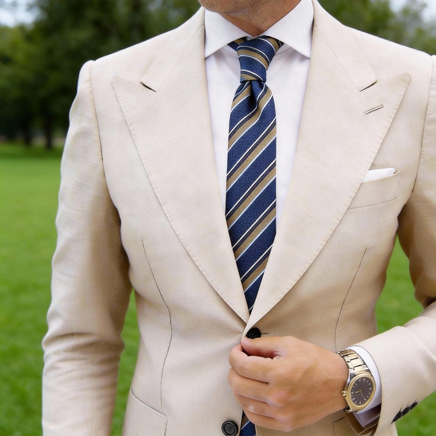 Blue Necktie With Tan Stripes