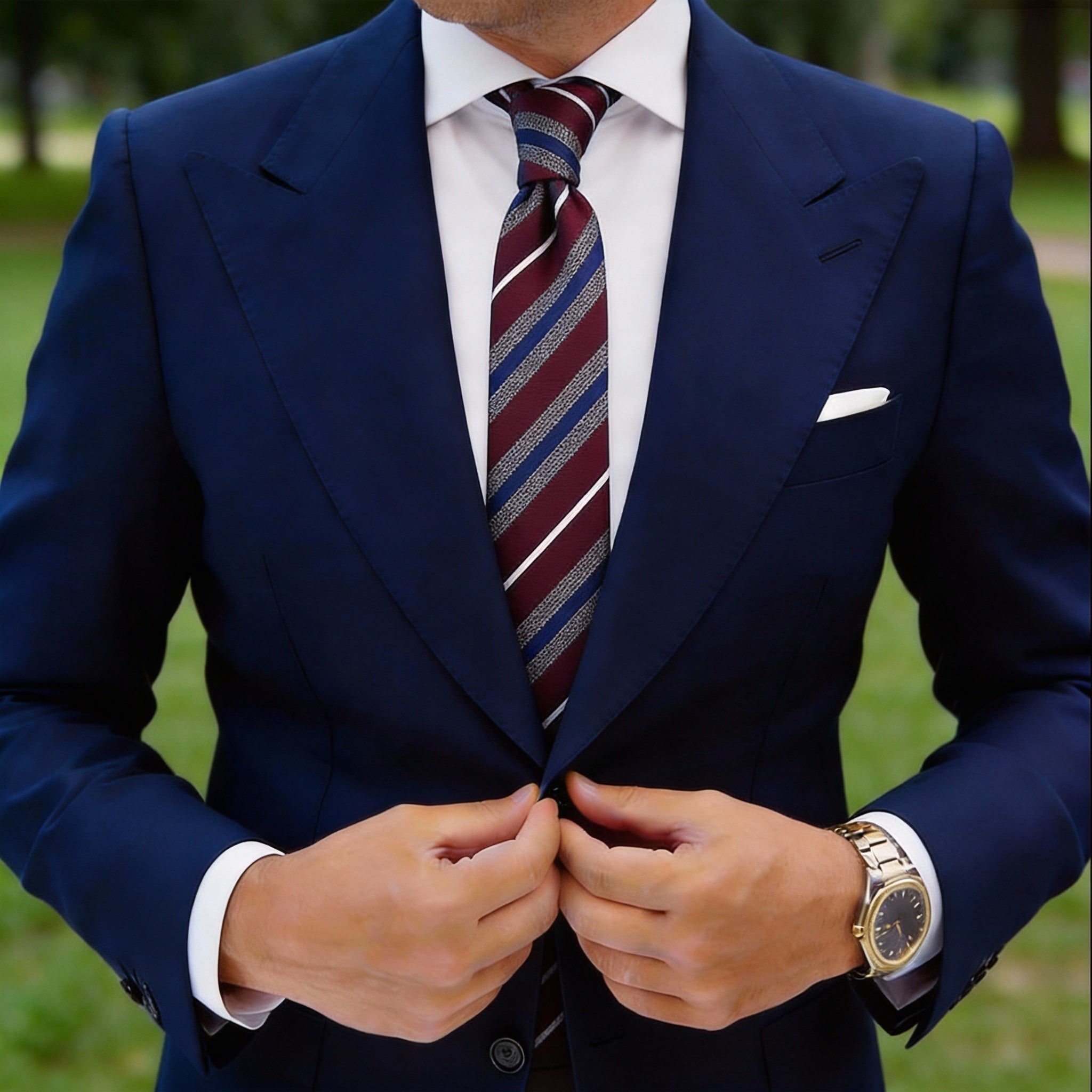 Burgundy With Blue White Striped Necktie