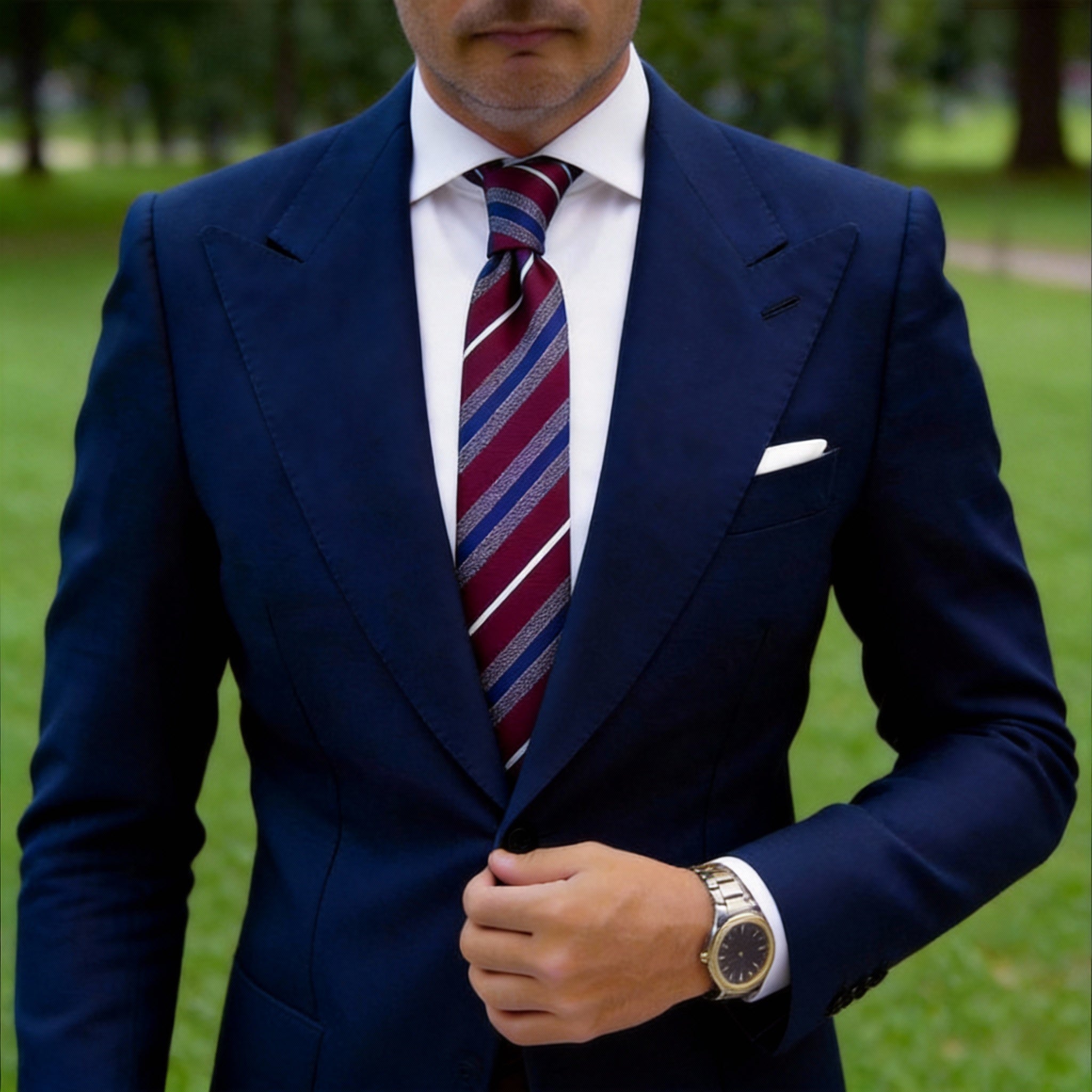 Burgundy With Blue White Striped Necktie