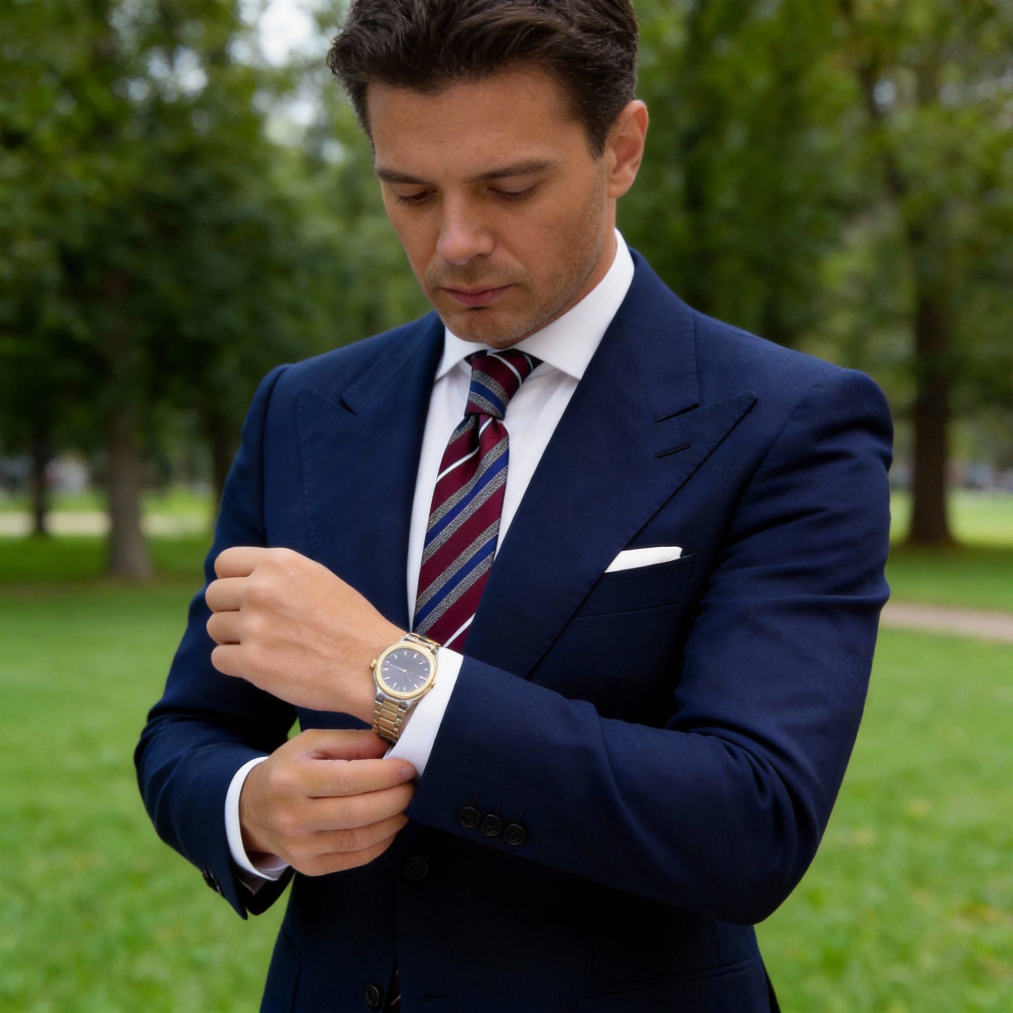 Burgundy With Blue White Striped Necktie