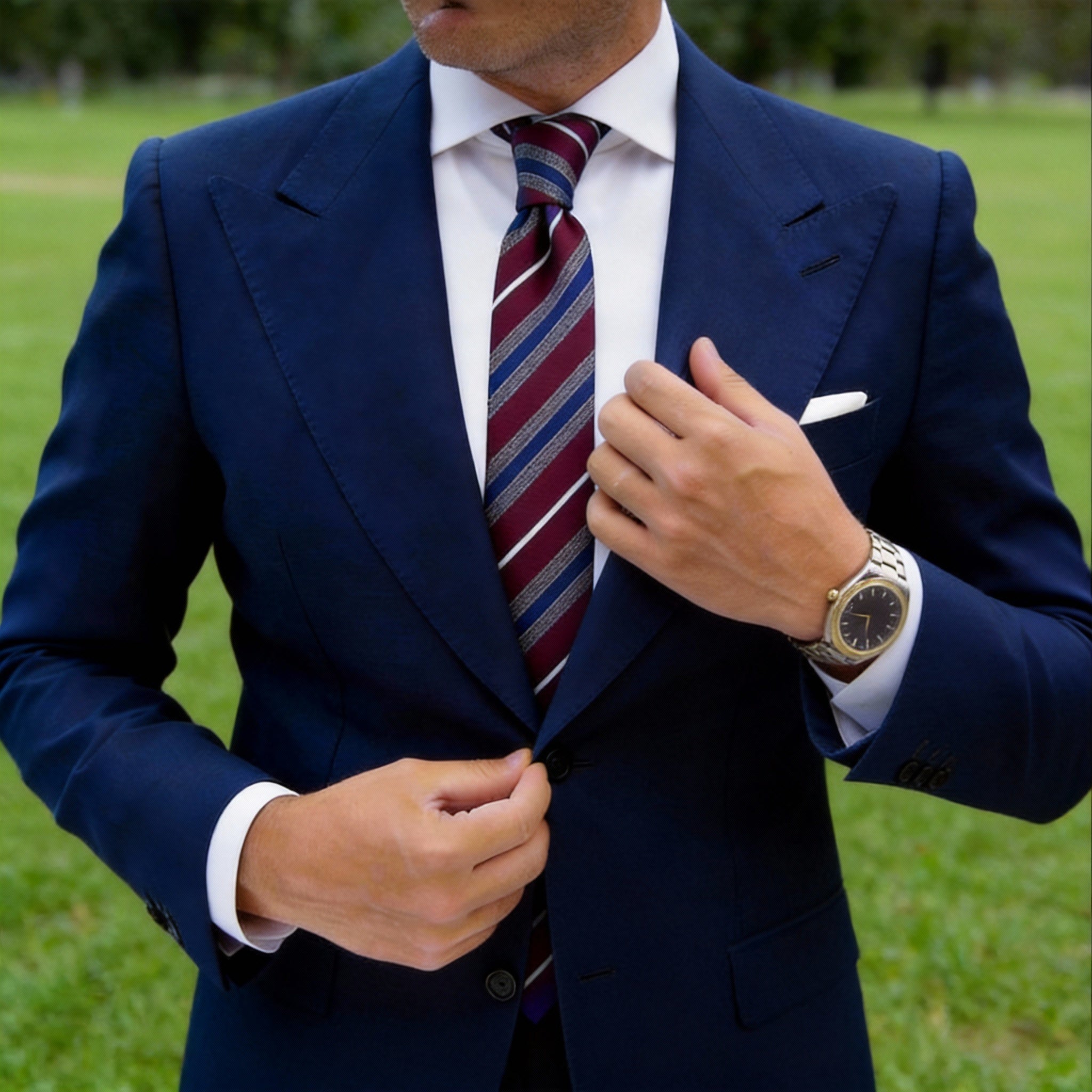 Burgundy With Blue White Striped Necktie