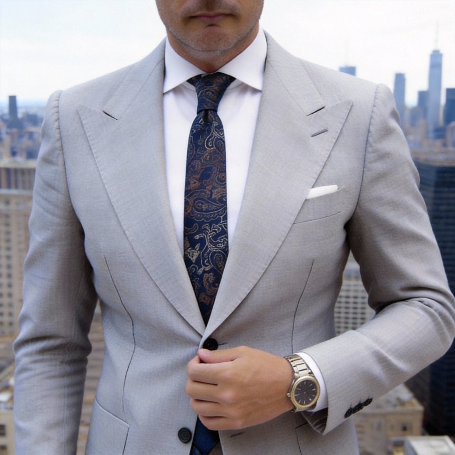 Blue Necktie With Gold Silver Paisley