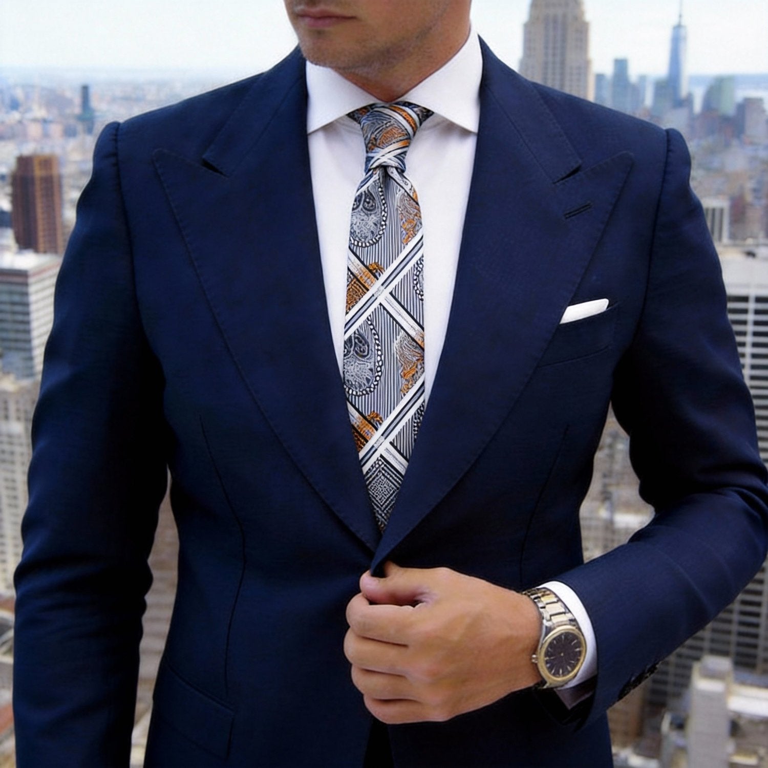 Gray With Orange Paisley Stripes Check Necktie