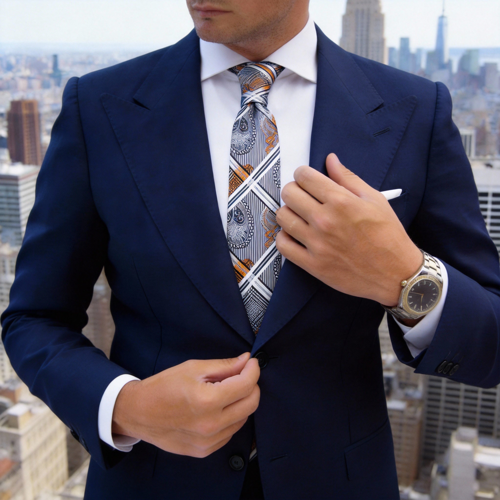 Gray With Orange Paisley Stripes Check Necktie