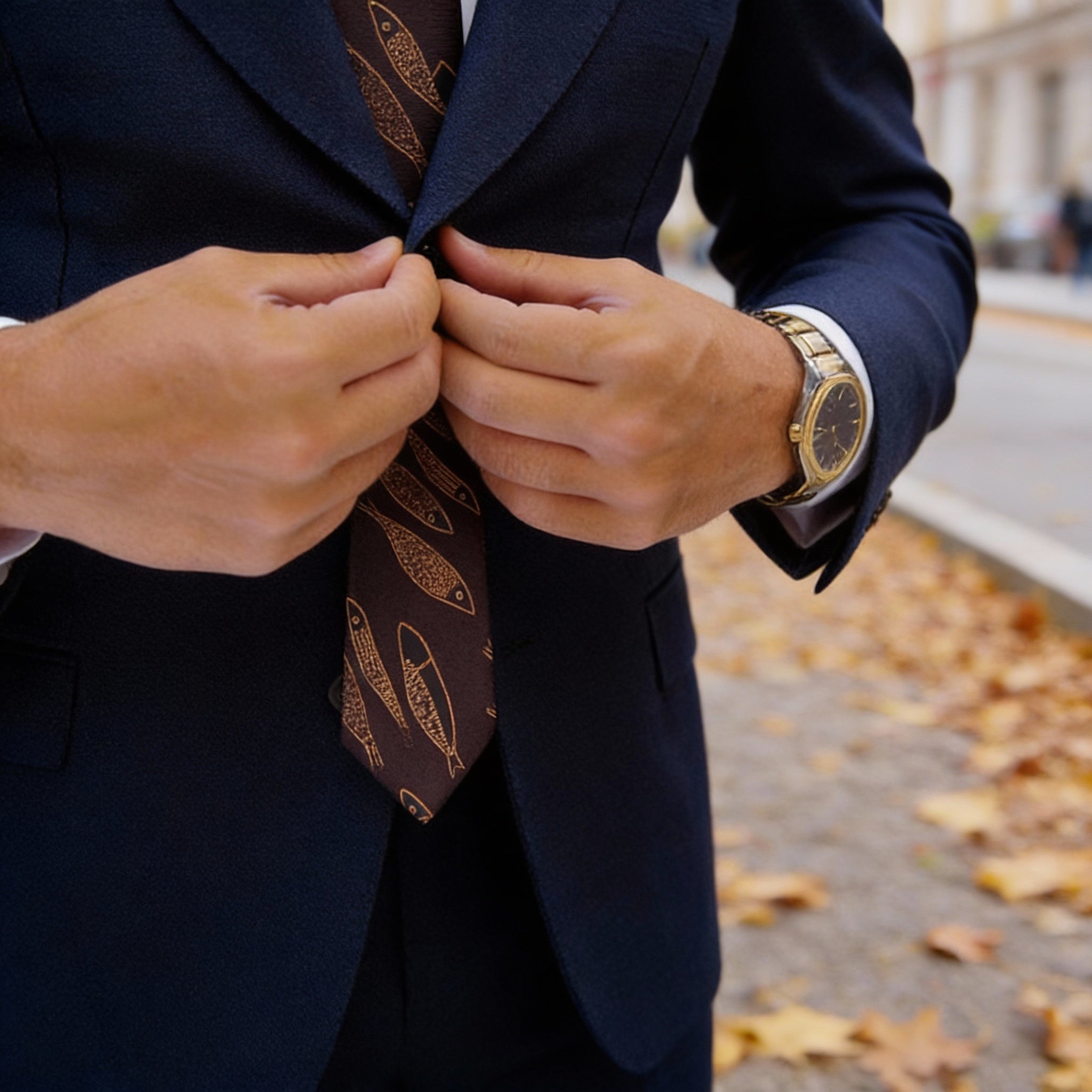 Dark Brown With Golden Fish Necktie