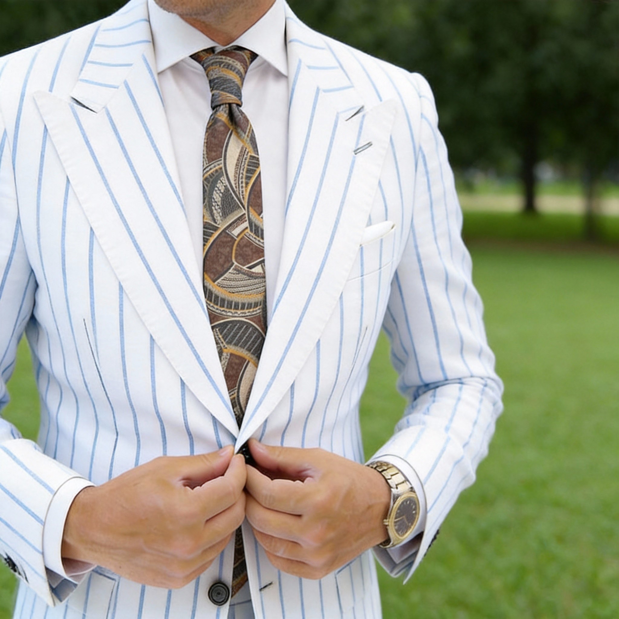 Brown With Beige, Green & Orange Geometric Necktie