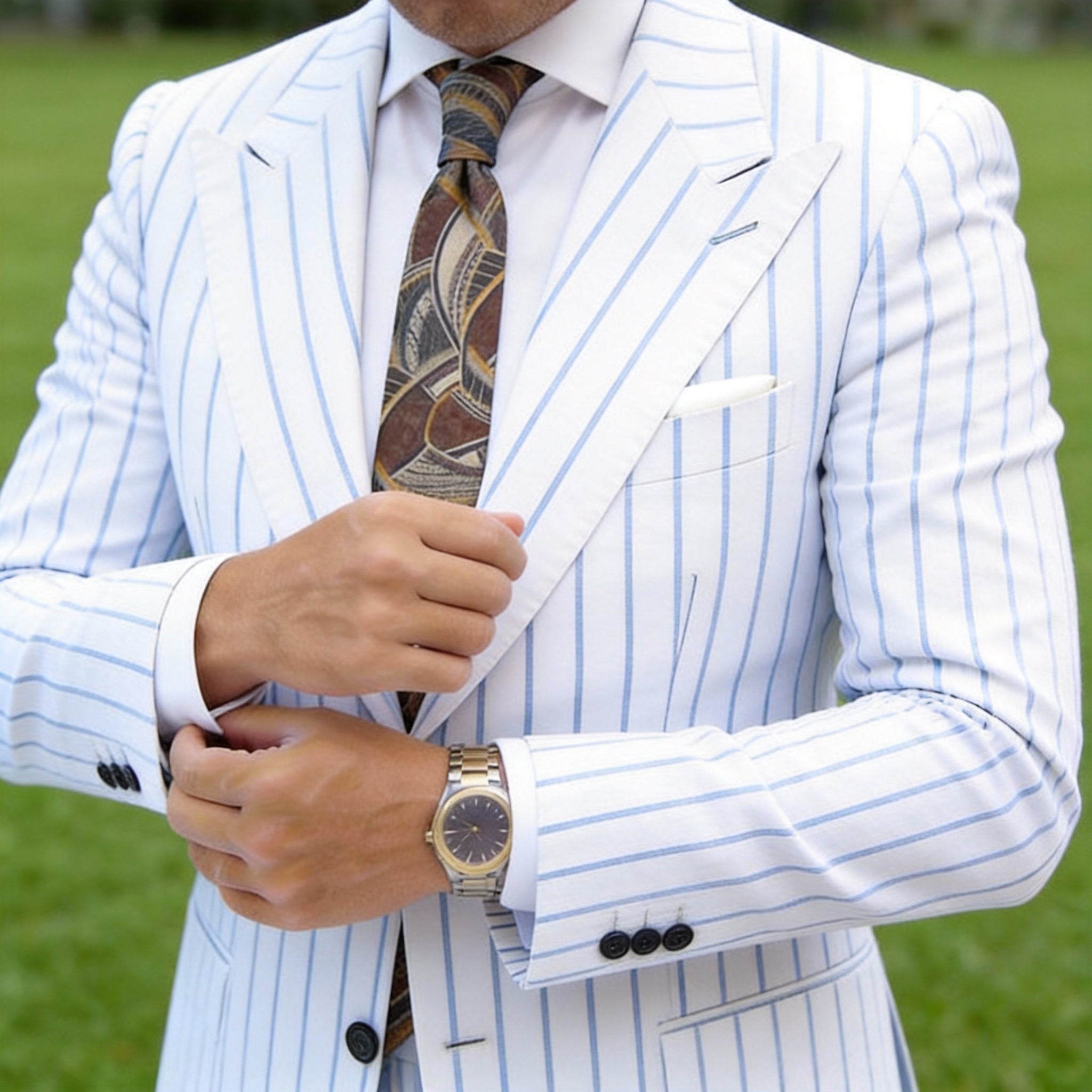 Brown With Beige, Green & Orange Geometric Necktie