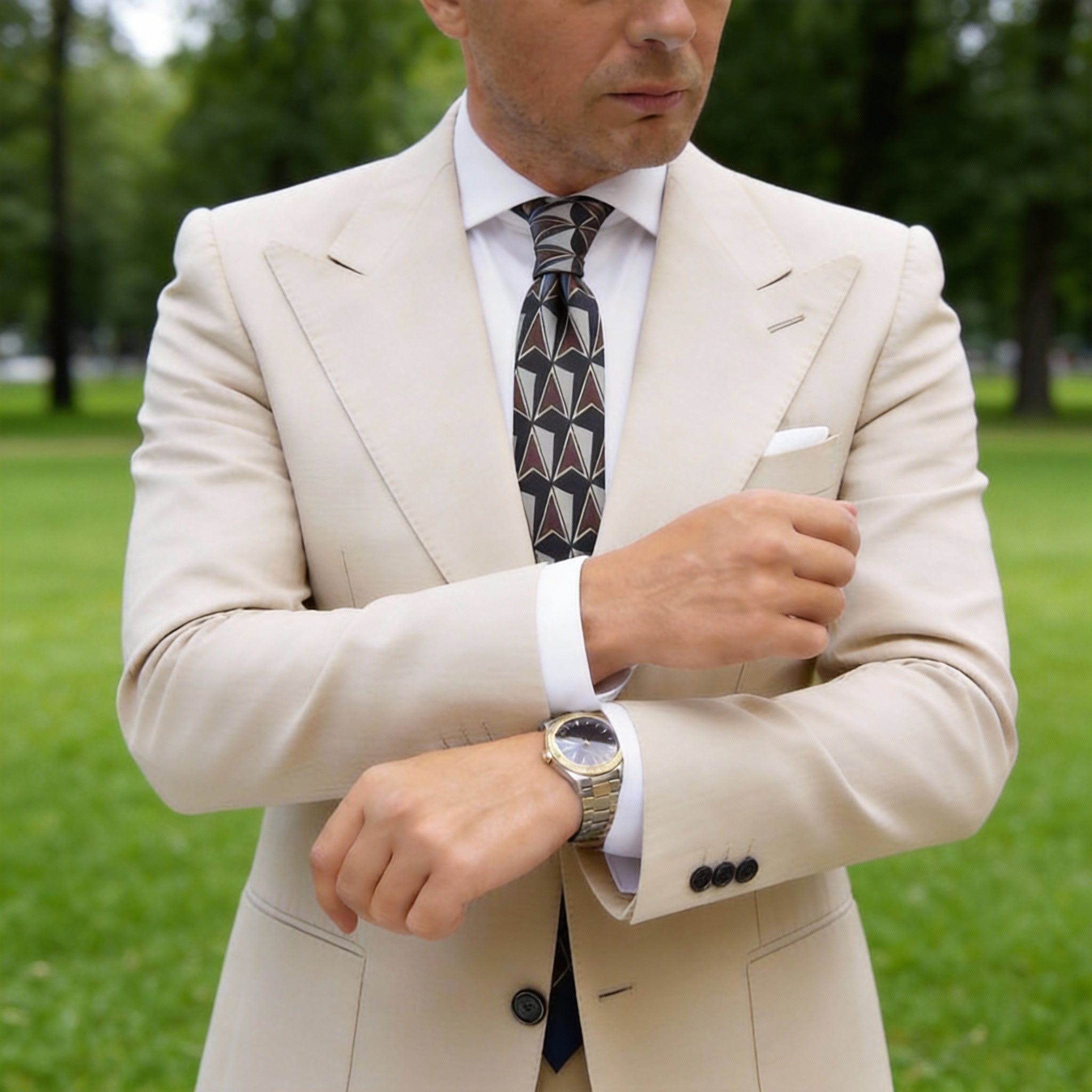 Dark Blue with Light Gray, Brown Geometric Necktie