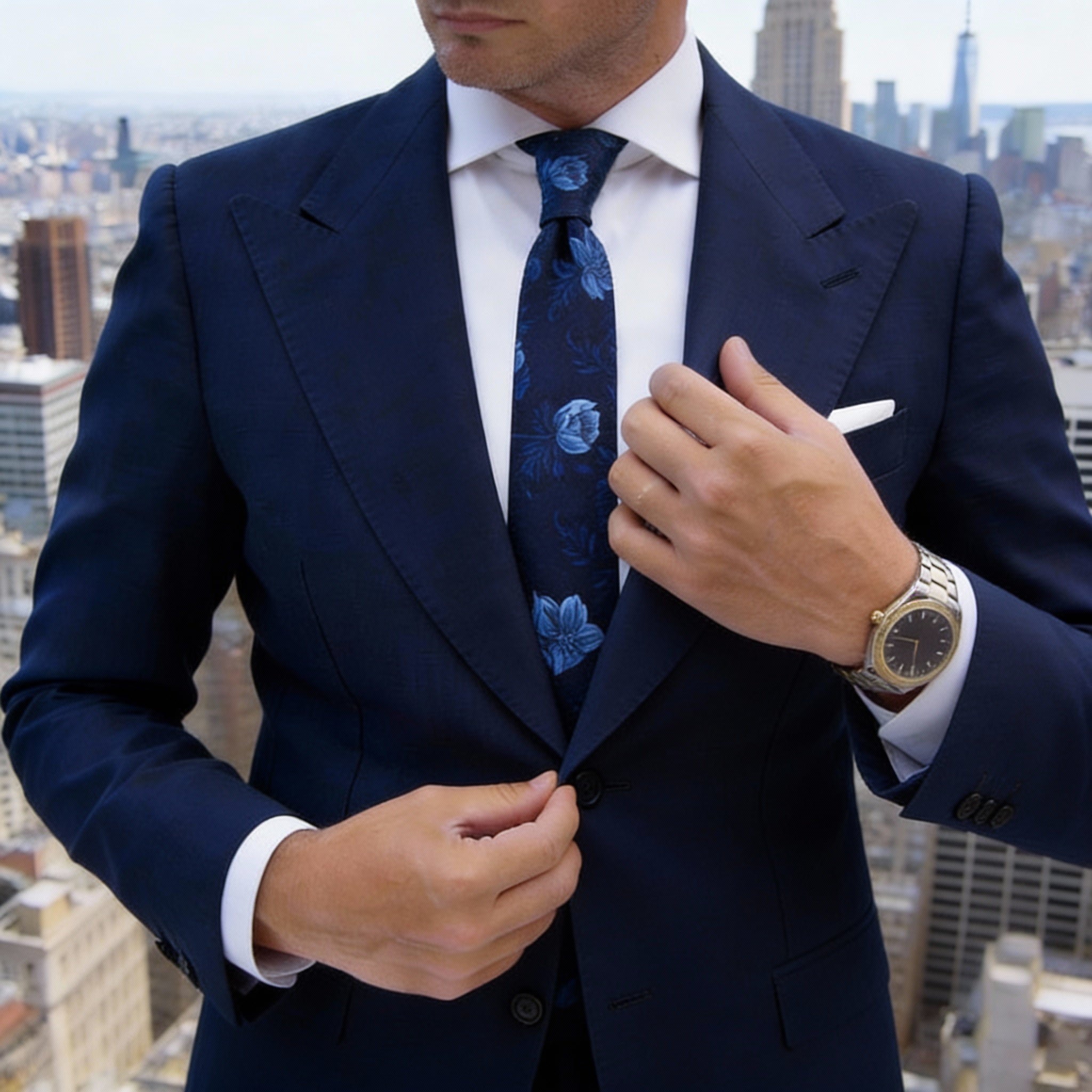 Dark Blue Necktie With Light Blue Floral