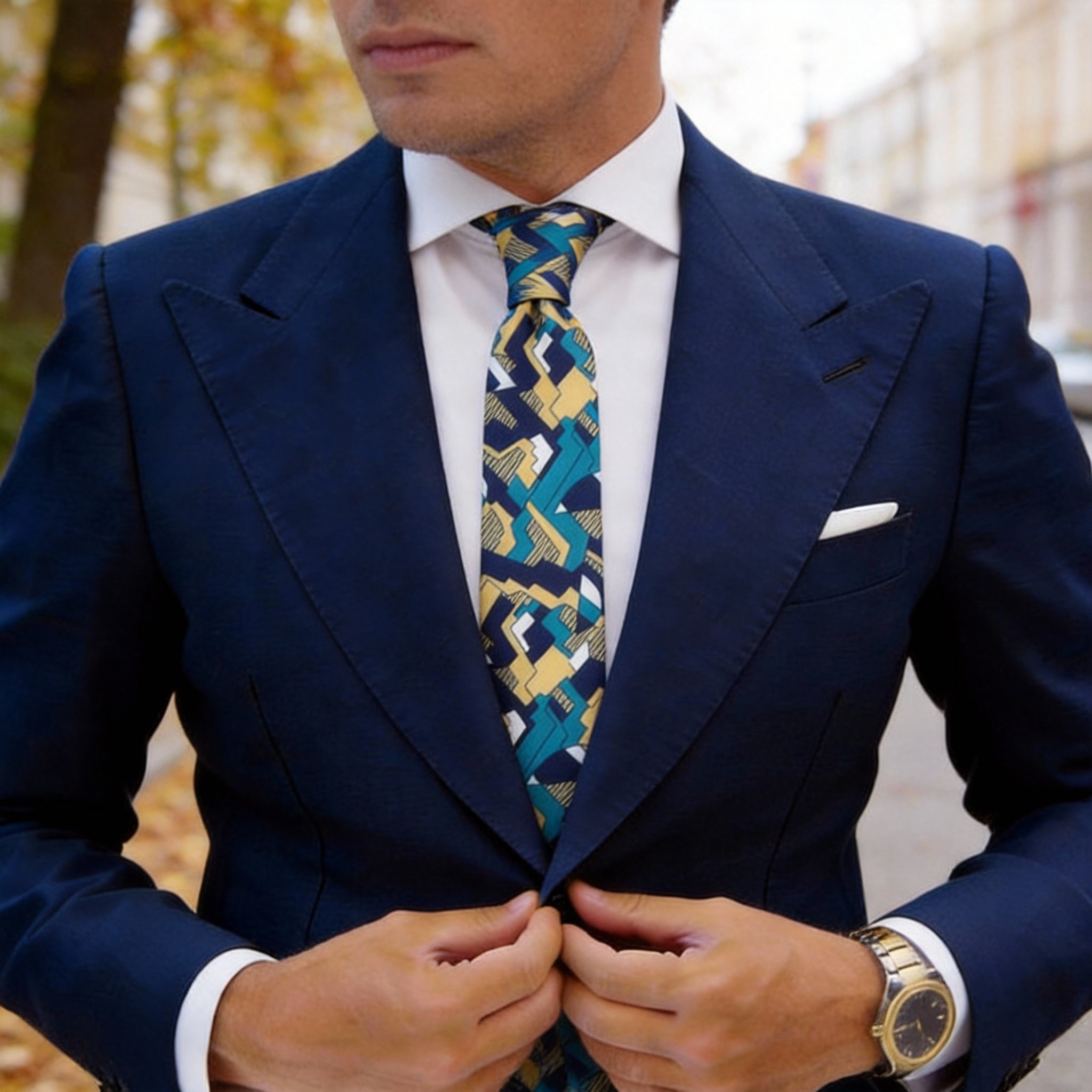 Dark Blue With Teal Yellow White Geometric Necktie