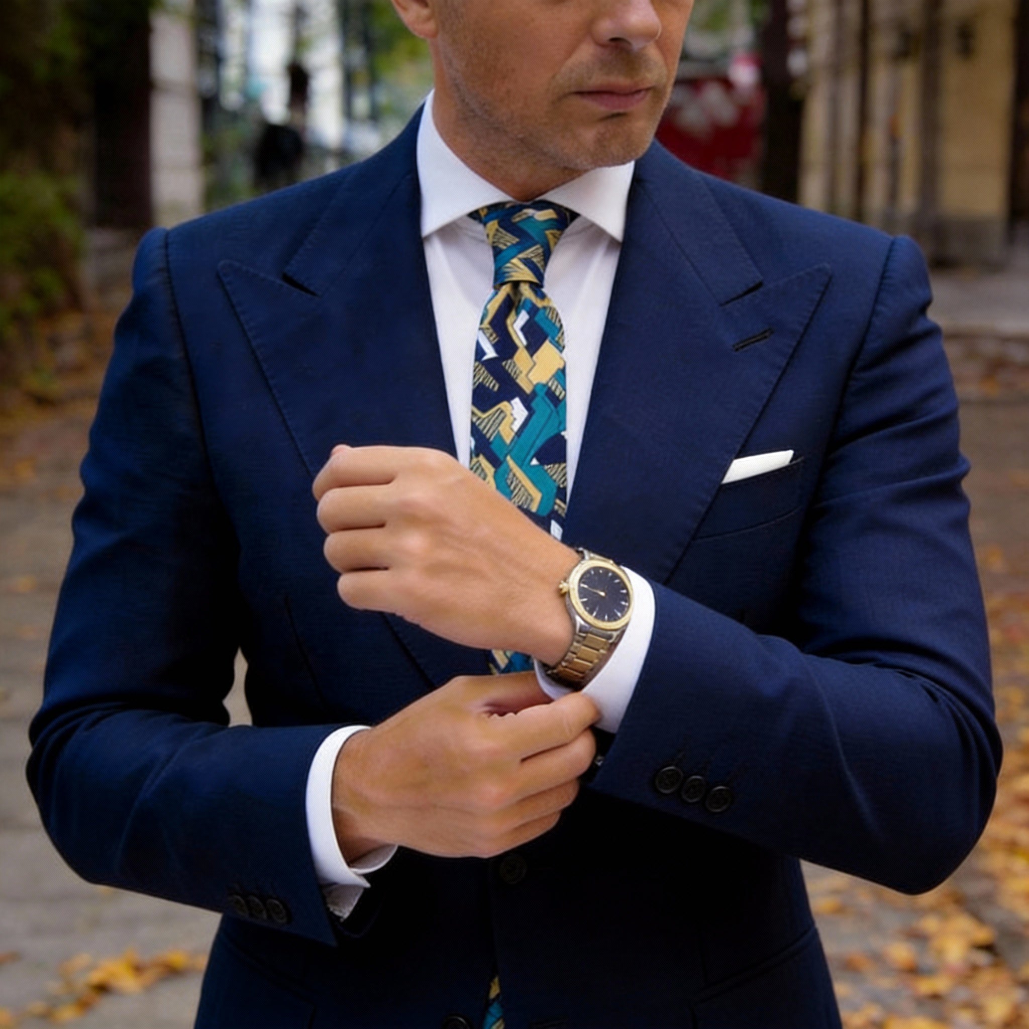 Dark Blue With Teal Yellow White Geometric Necktie