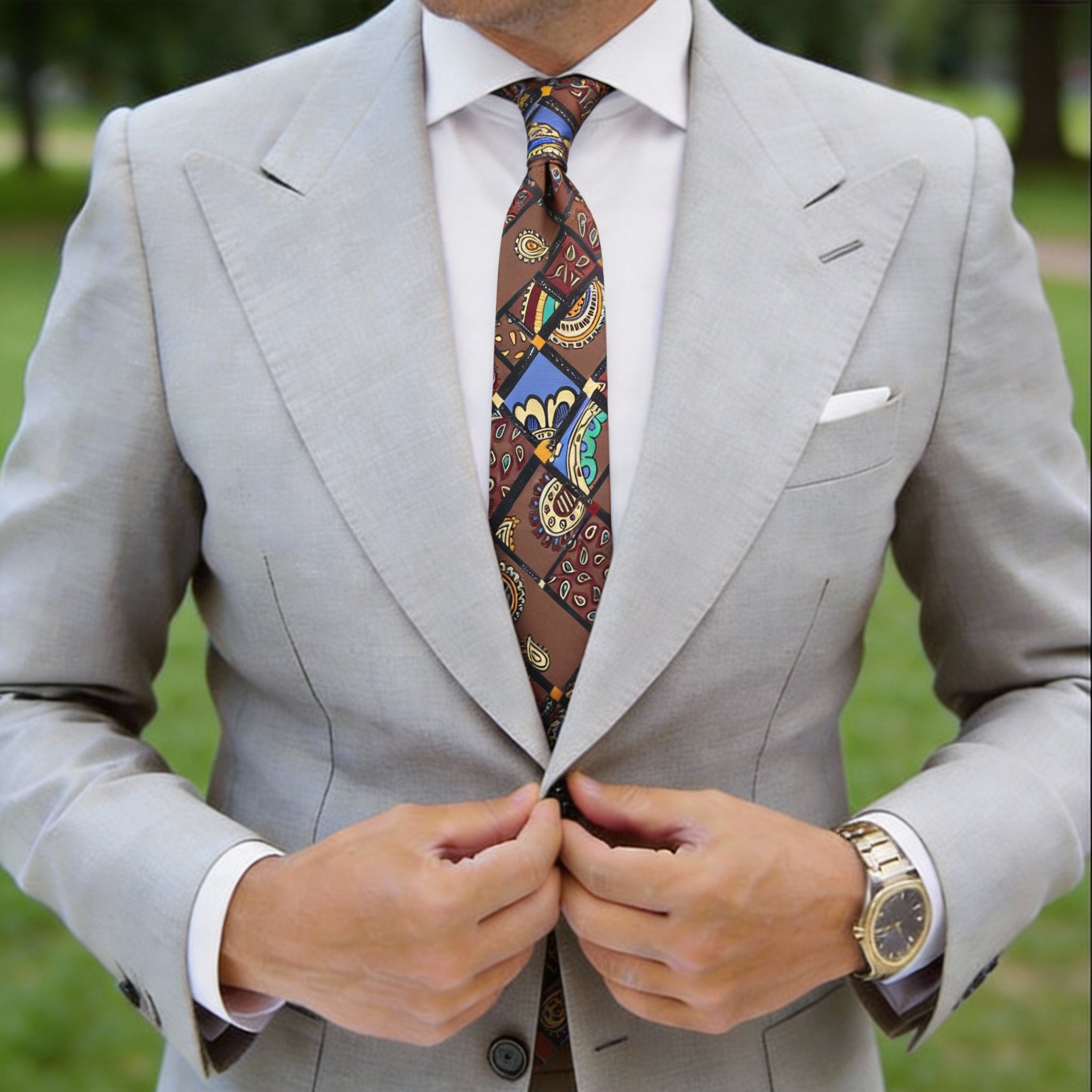 Brown With Colorful Paisley & Geometric Necktie