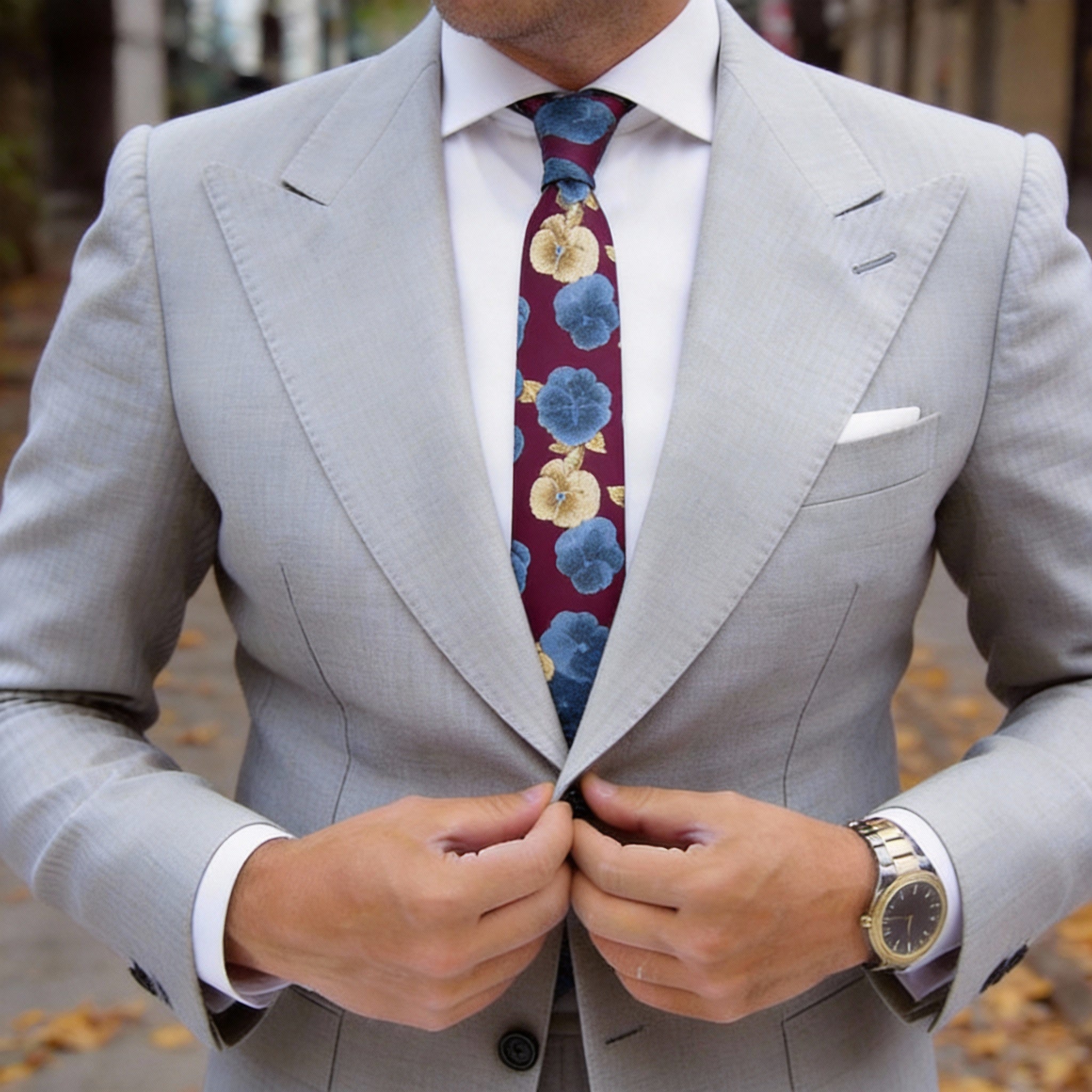 Burgundy With Blue & Gold Pansy Necktie