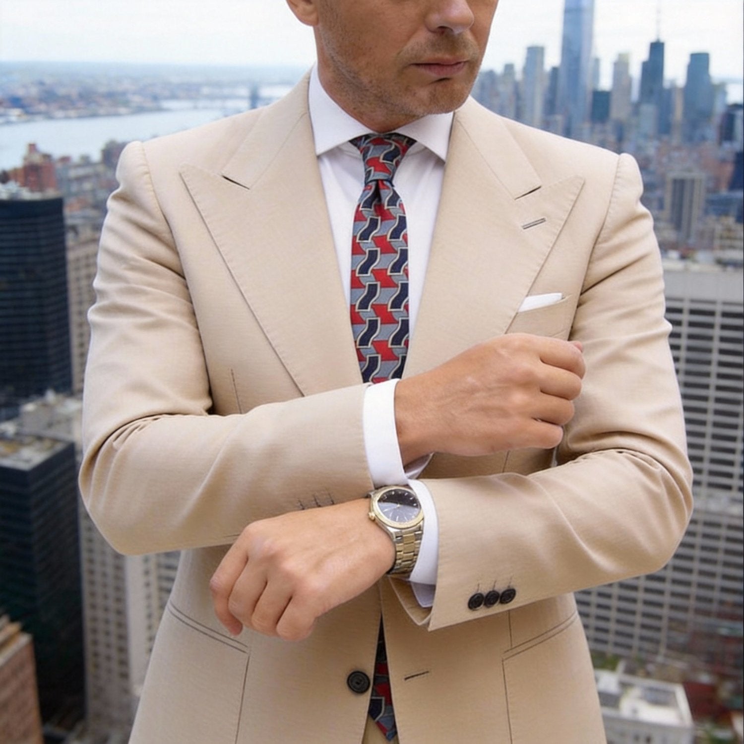 Gray With Red Blue Geometric Wave Necktie