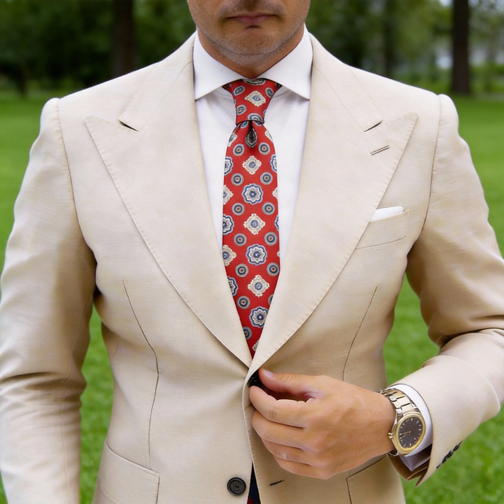 Red Necktie with Blue Floral & Geometric