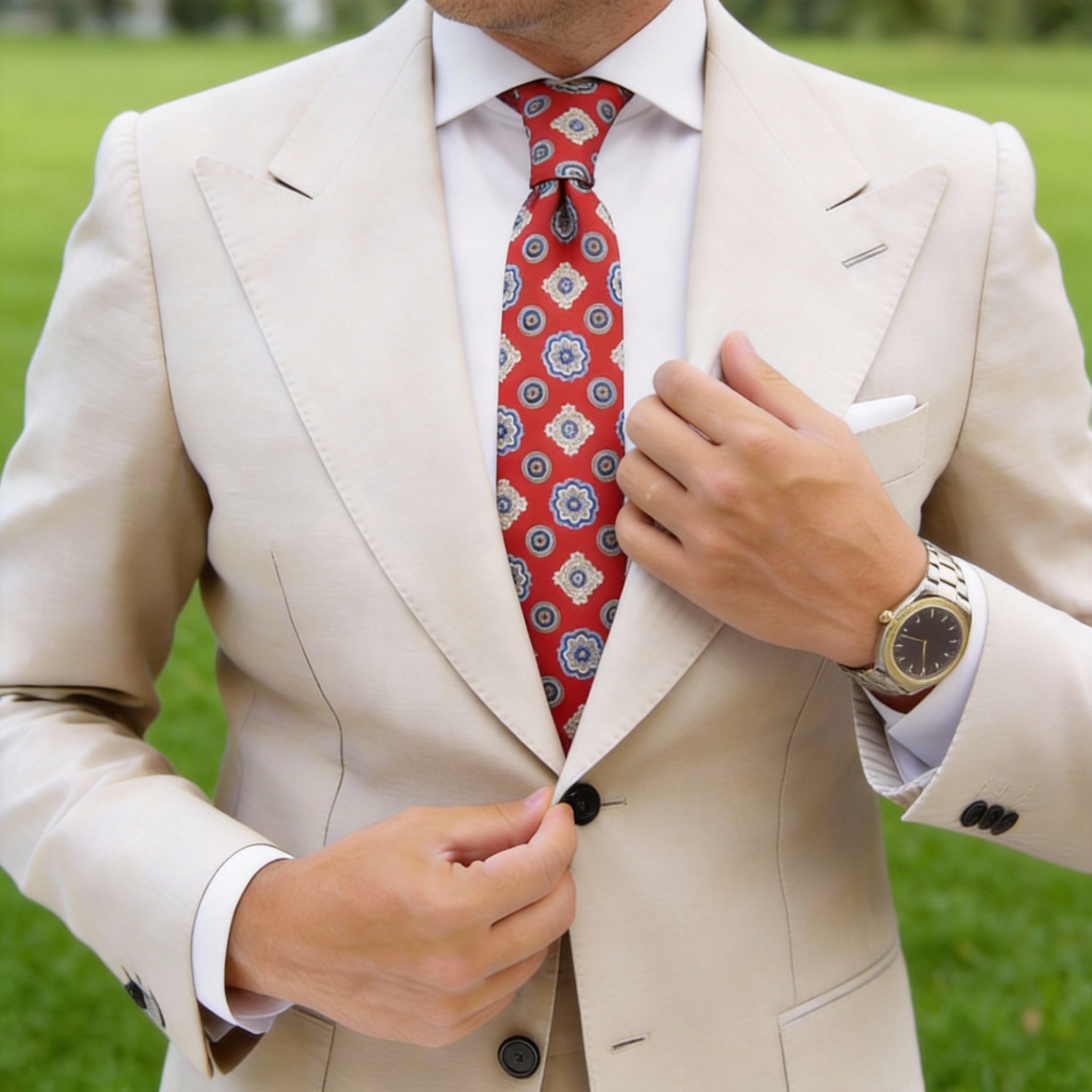 Red Necktie with Blue Floral & Geometric