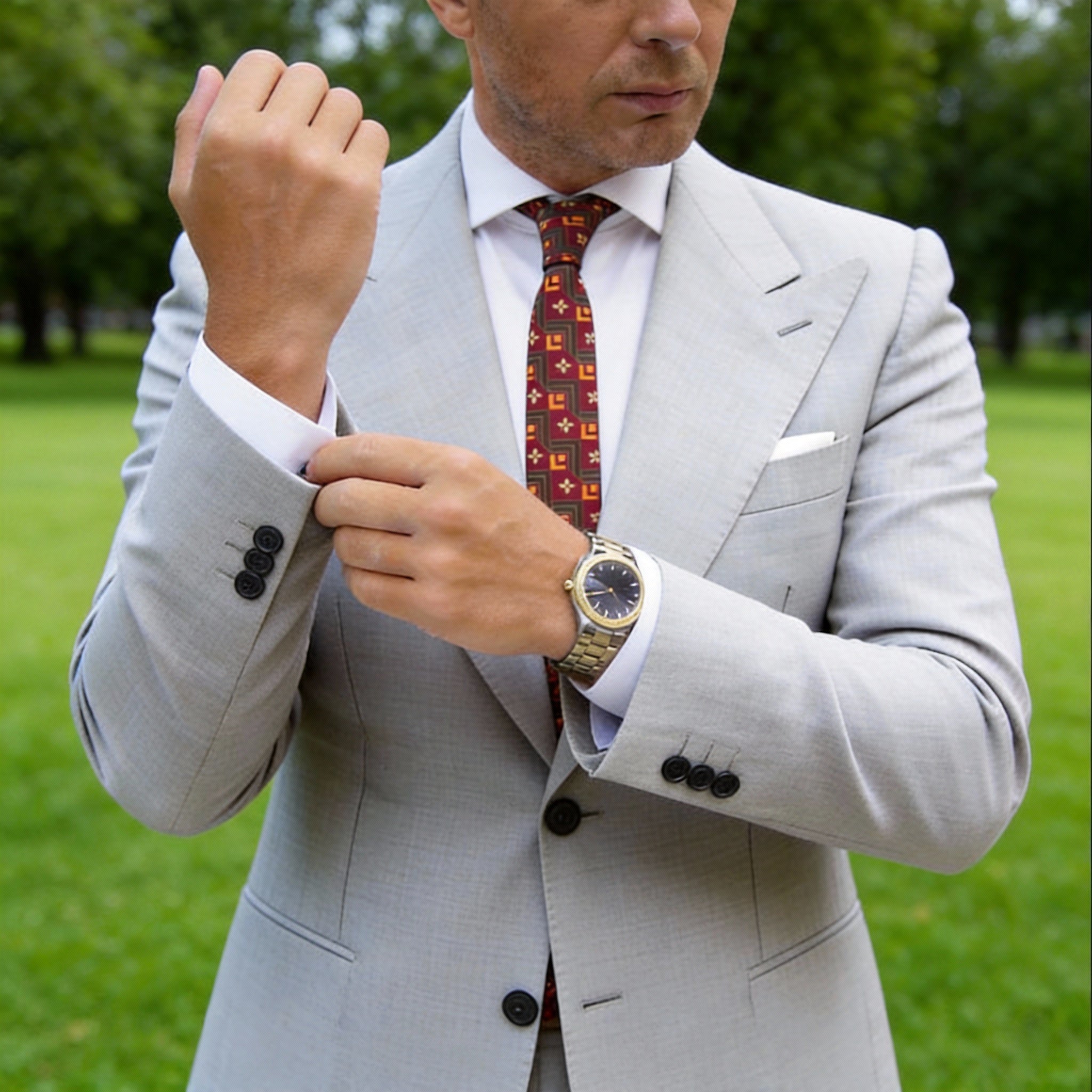 Maroon with Orange Beige Geometric Floral Necktie